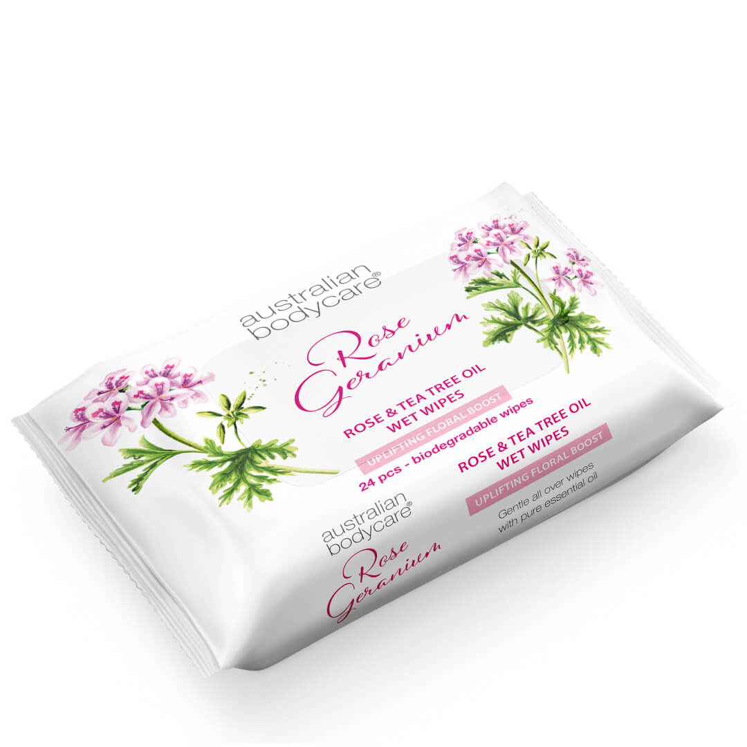 Vochtige doekjes met Rose Geranium & Tea Tree Olie 24 stuks - Verwijdert bacteriën, vuil en make–up