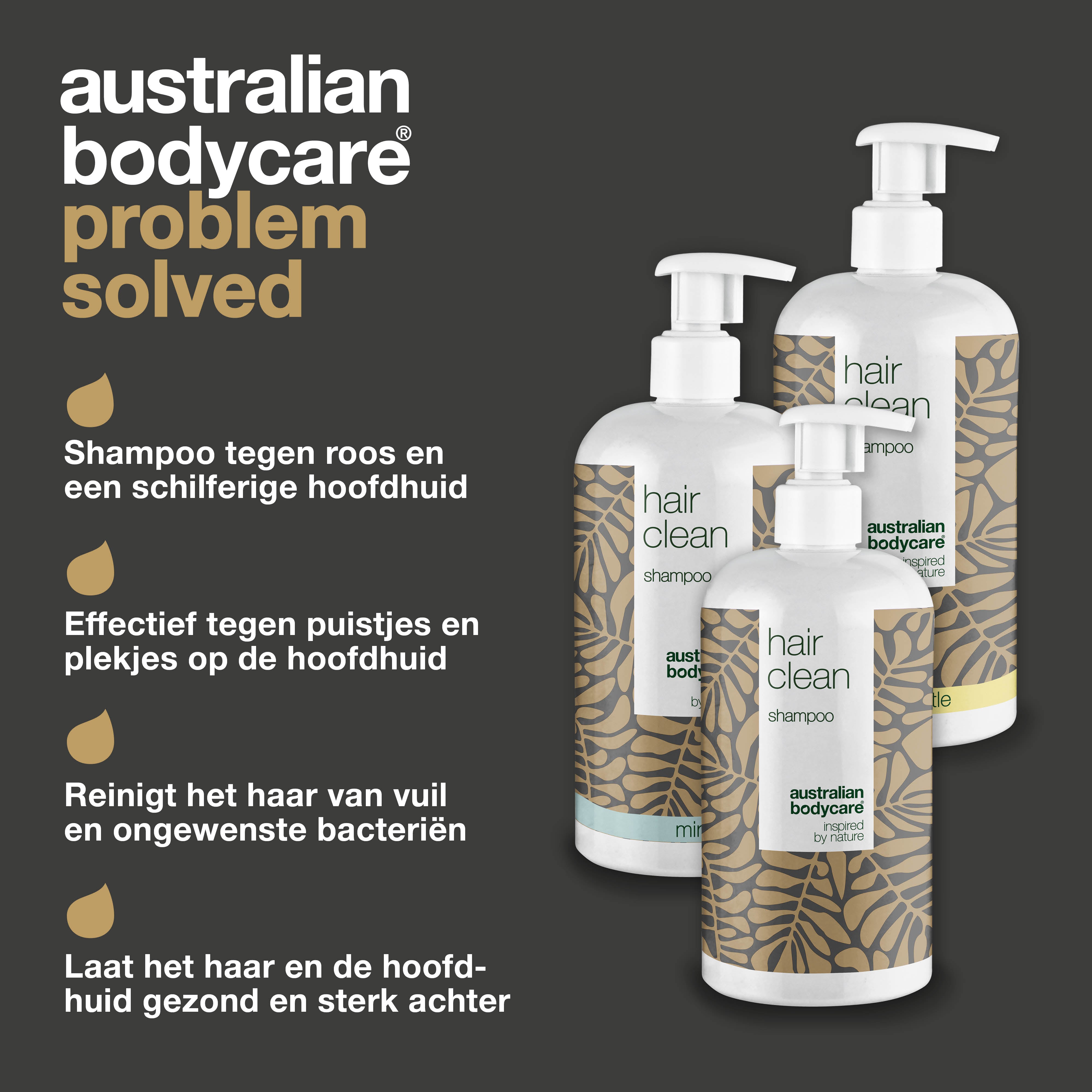 3 Hair Clean anti-roos shampoo's - pakketaanbieding — Pakketaanbieding met 3 shampoo's (500 ml): Tea Tree Olie, Lemon Myrtle & Mint