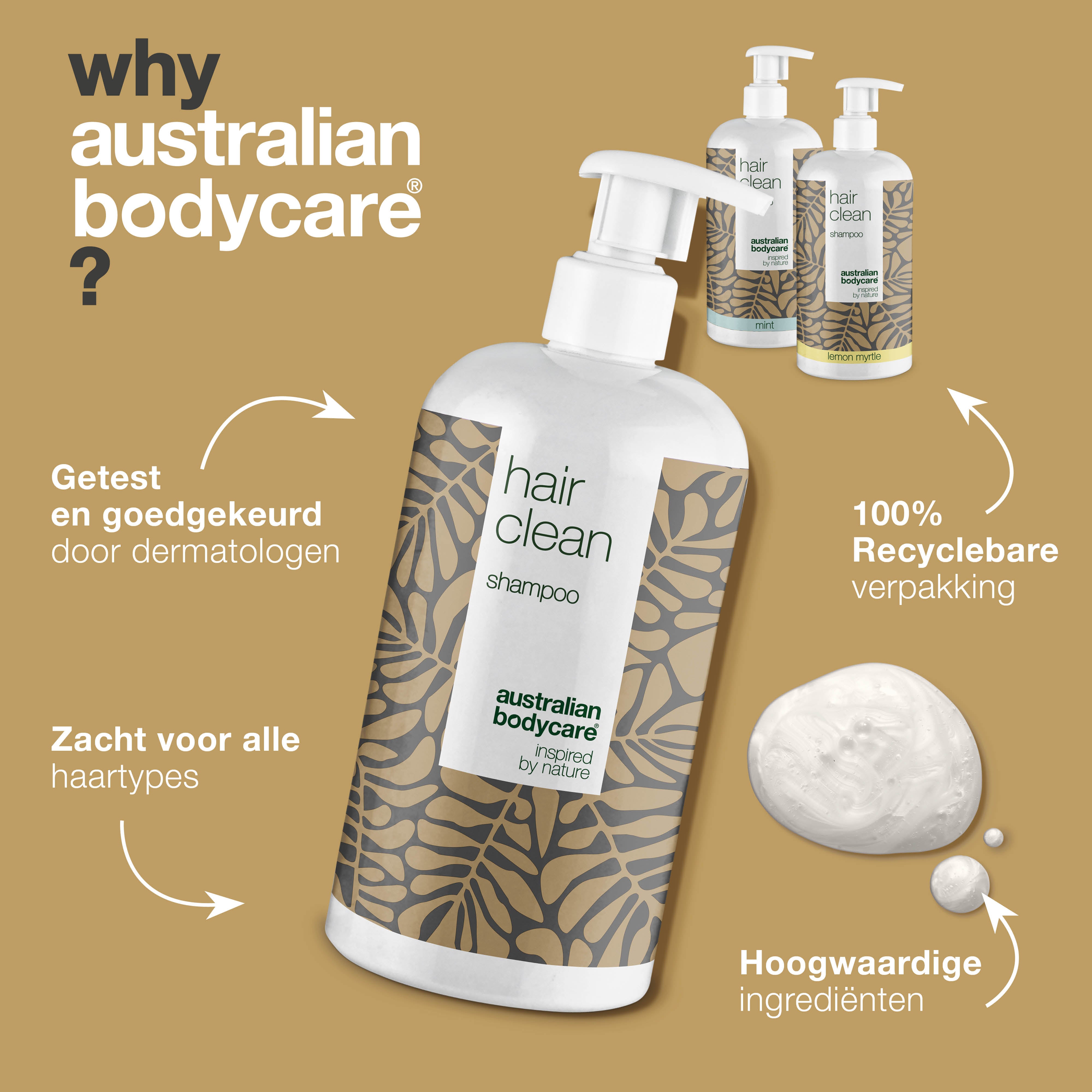 3 Hair Clean anti-roos shampoo's - pakketaanbieding — Pakketaanbieding met 3 shampoo's (500 ml): Tea Tree Olie, Lemon Myrtle & Mint