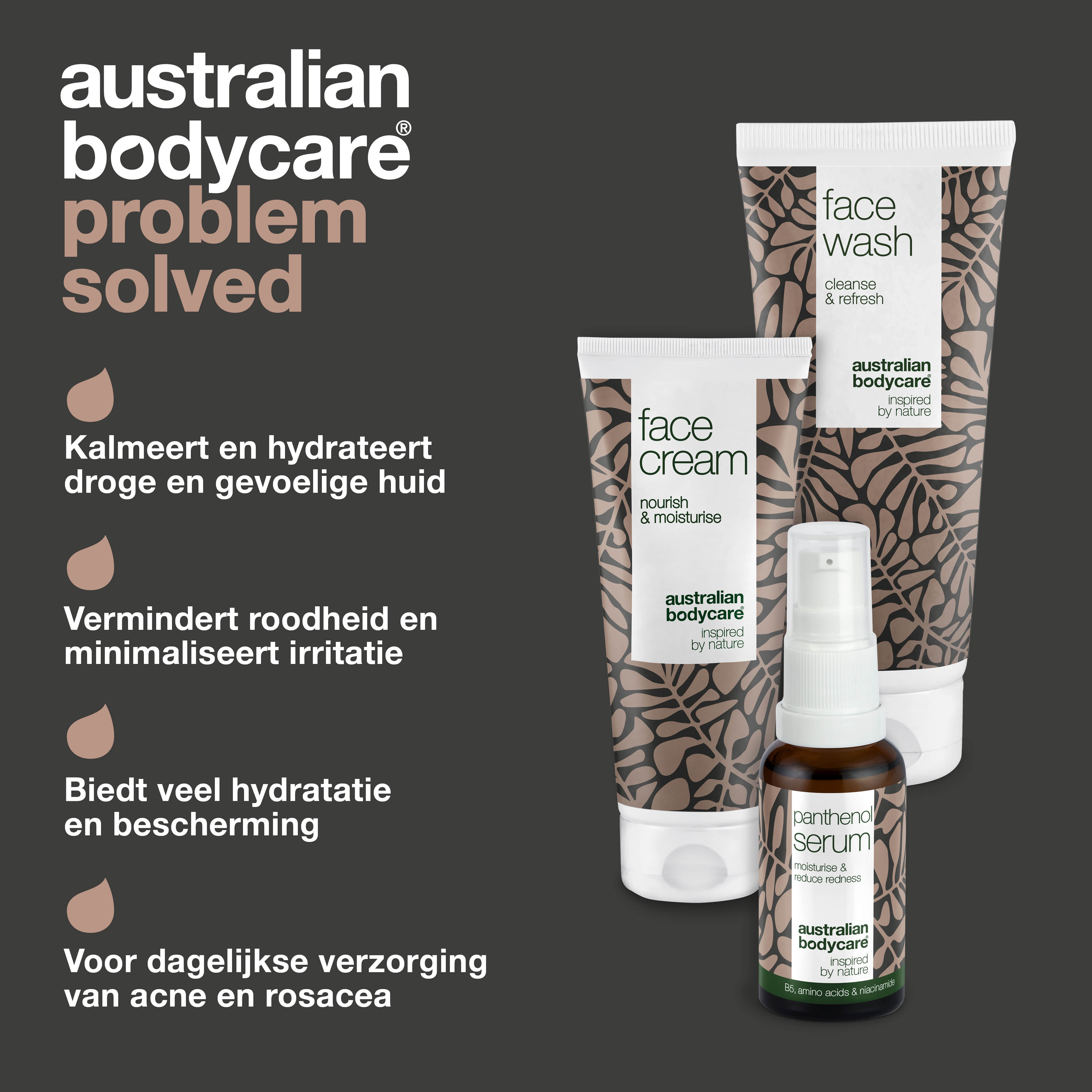 Pakket voor de verzorging van roodheid & gevoelige huid en bij rosacea — 3 verzachtende producten kunnen gebruikt worden bij rosacea: reiniger, B5 serum & crème