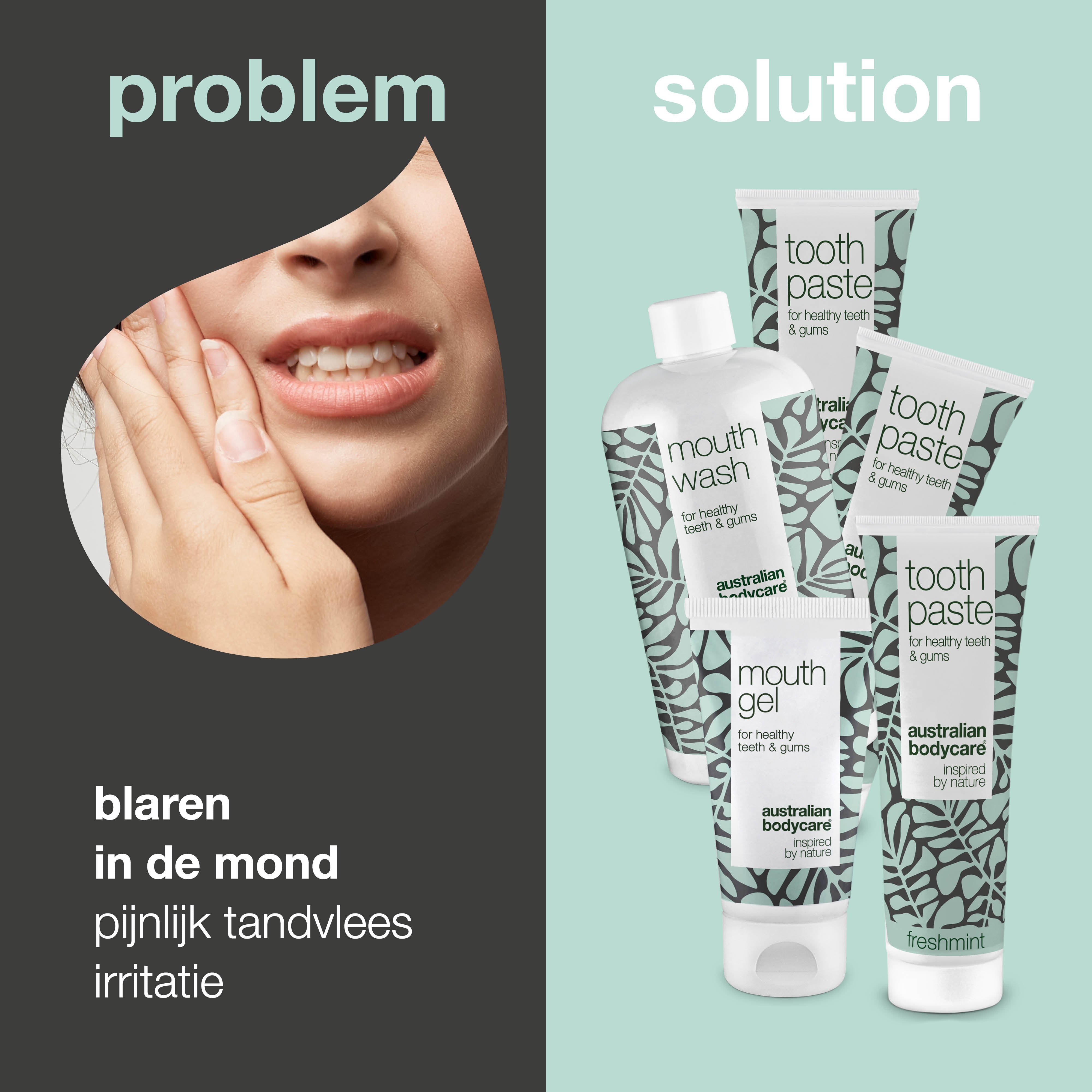 Pakket met 5 producten voor dagelijkse verzorging van blaasjes in mond of op tong — Voor de dagelijkse verzorging van aften in de mond en op de tong