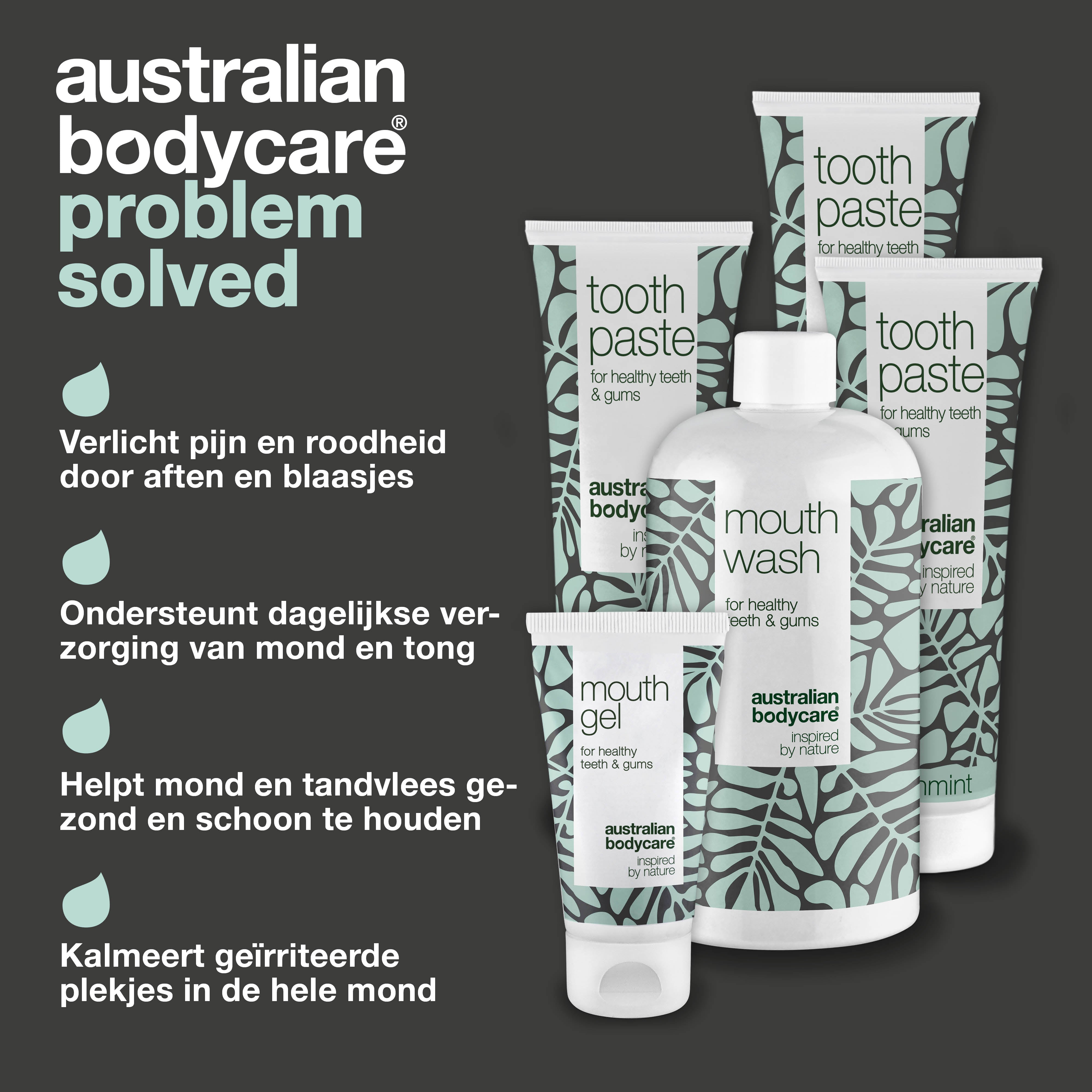 Pakket met 5 producten voor dagelijkse verzorging van blaasjes in mond of op tong — Voor de dagelijkse verzorging van aften in de mond en op de tong