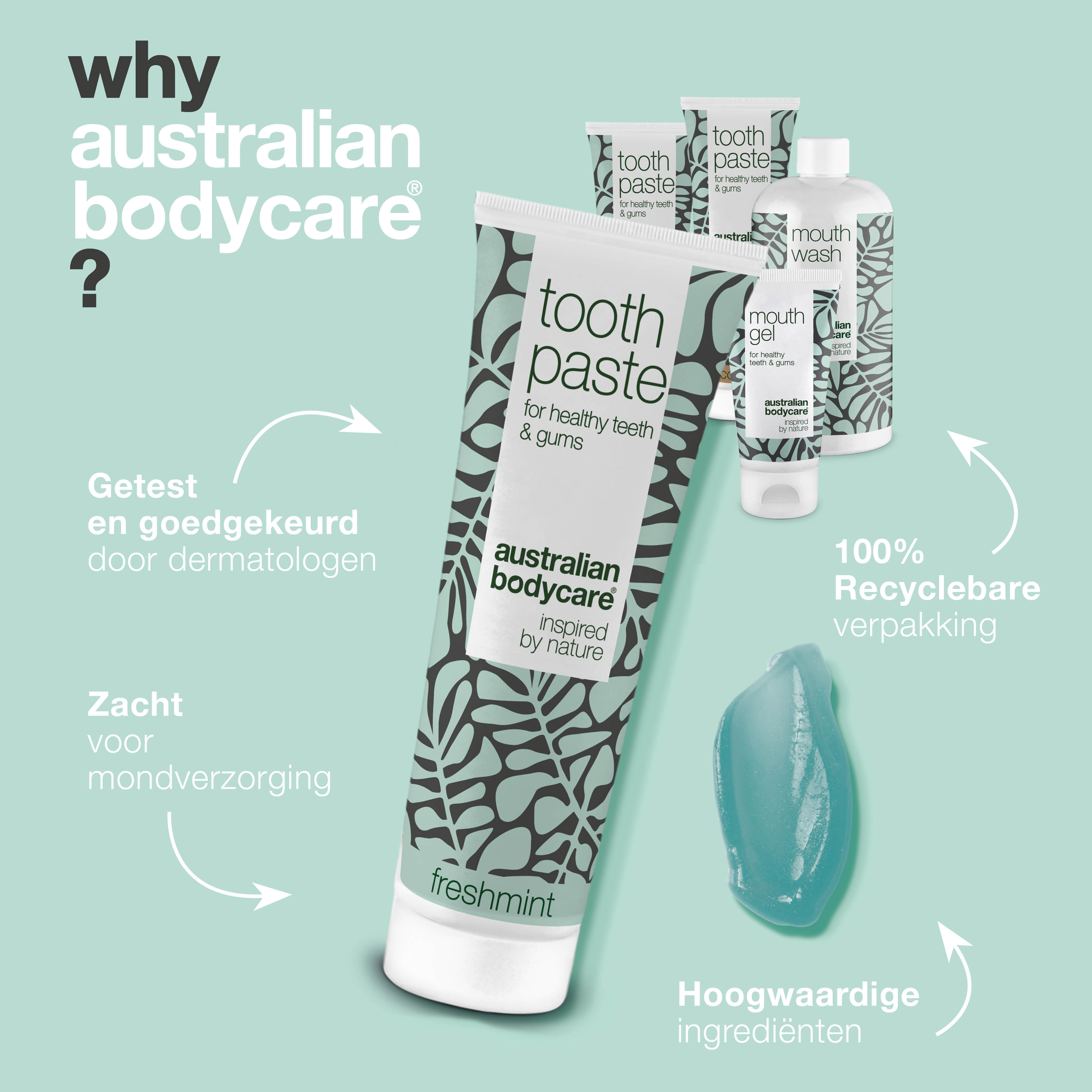 Pakket met 5 producten voor dagelijkse verzorging van blaasjes in mond of op tong — Voor de dagelijkse verzorging van aften in de mond en op de tong