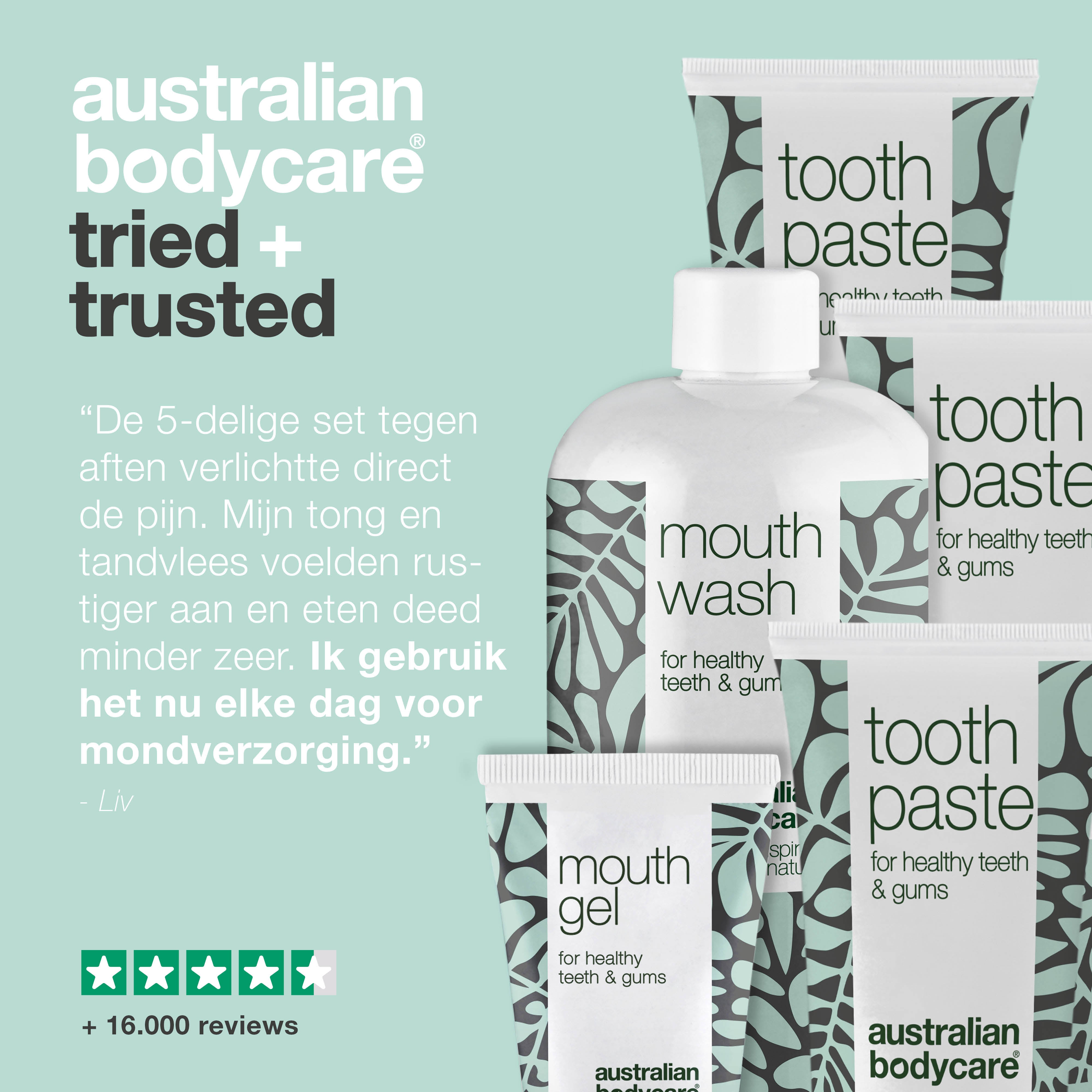 Pakket met 5 producten voor dagelijkse verzorging van blaasjes in mond of op tong — Voor de dagelijkse verzorging van aften in de mond en op de tong