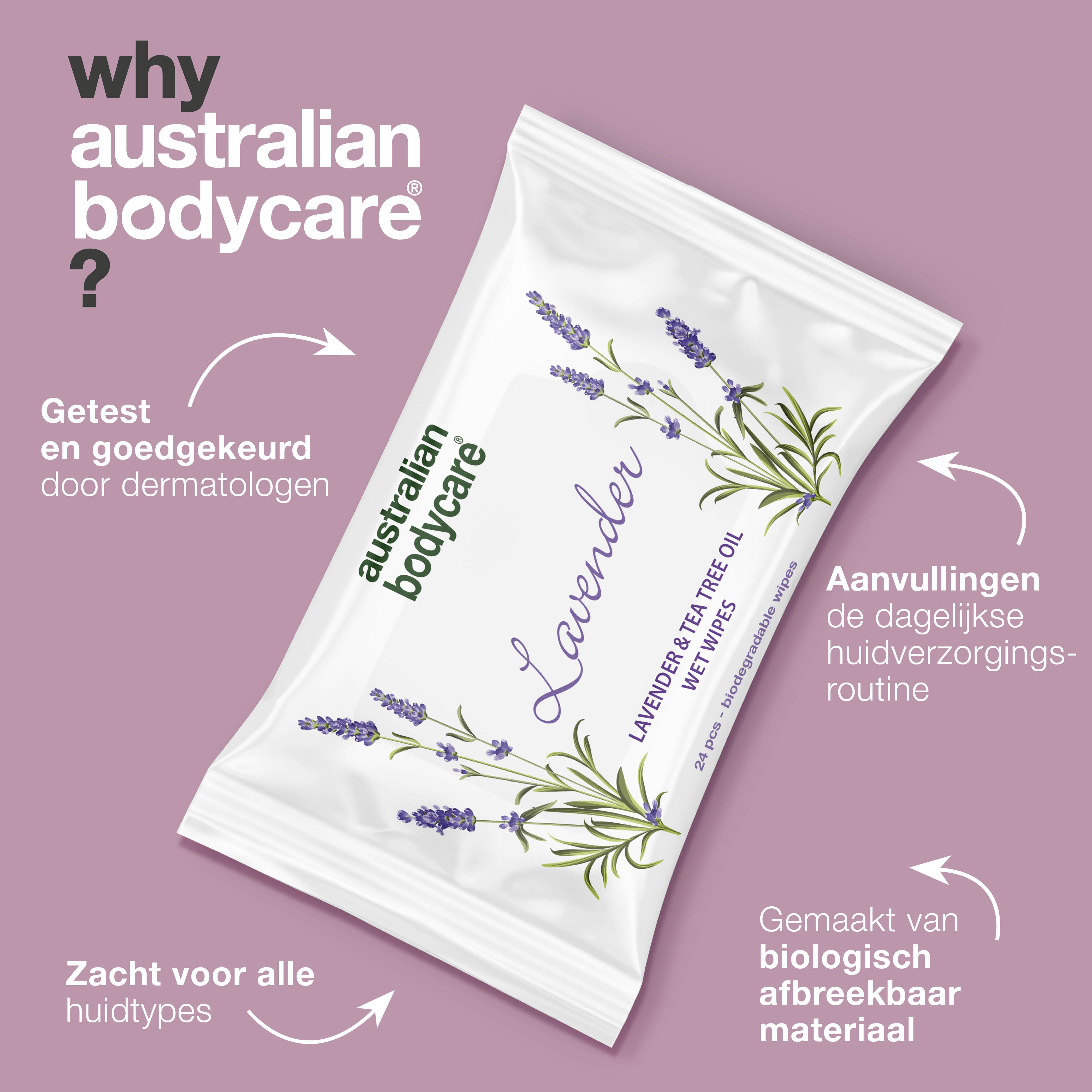 Vochtige doekjes met Lavendel & Tea Tree Olie 24 stuks — Voor het reinigen en hydrateren van gezicht en lichaam