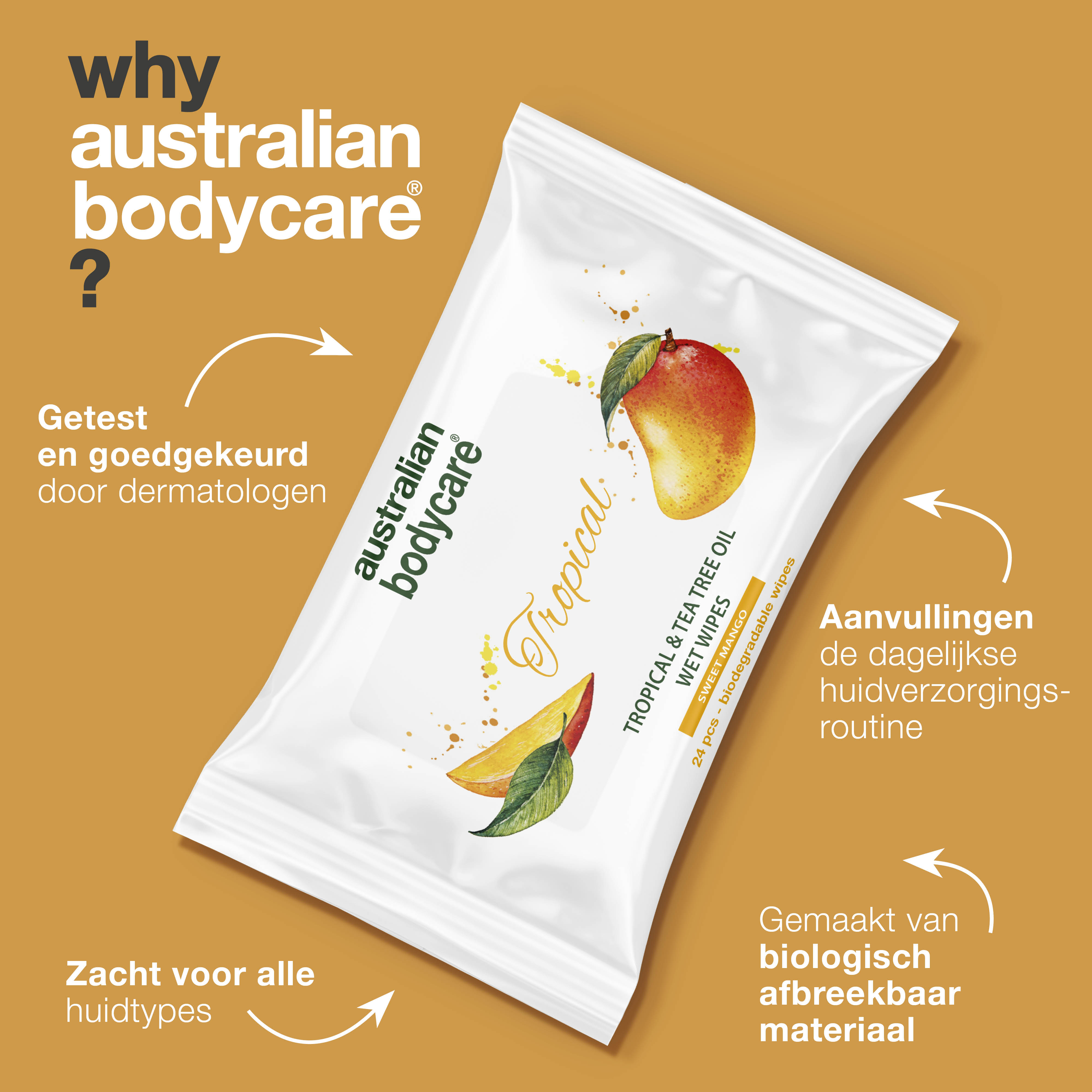 Vochtige doekjes met Mango & Tea Tree Olie 24 stuks — Voor dagelijkse reiniging van lichaam en gezicht