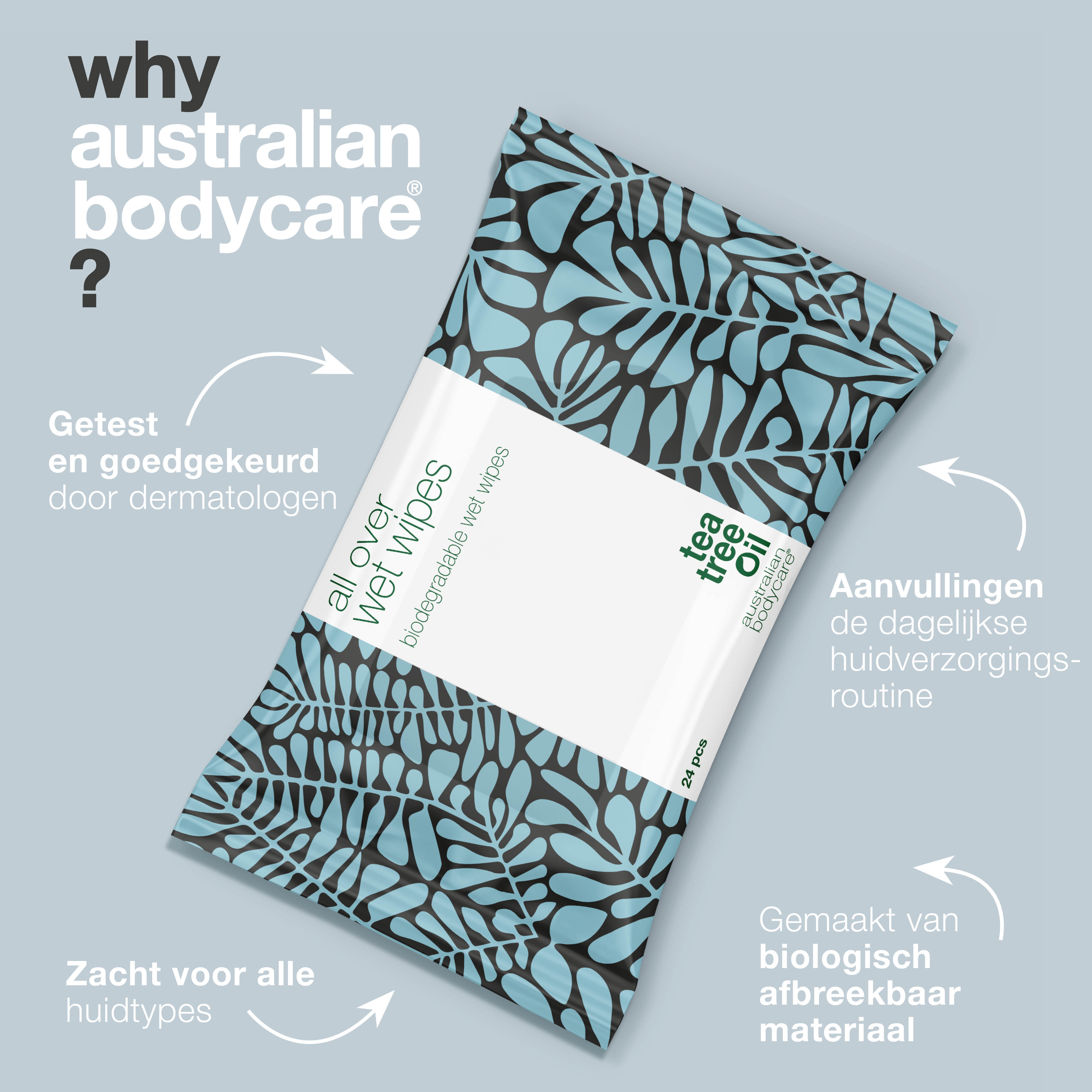 Vochtige doekjes met Tea Tree Olie 24 stuks — Reinigen en verfrissen de huid op het lichaam effectief
