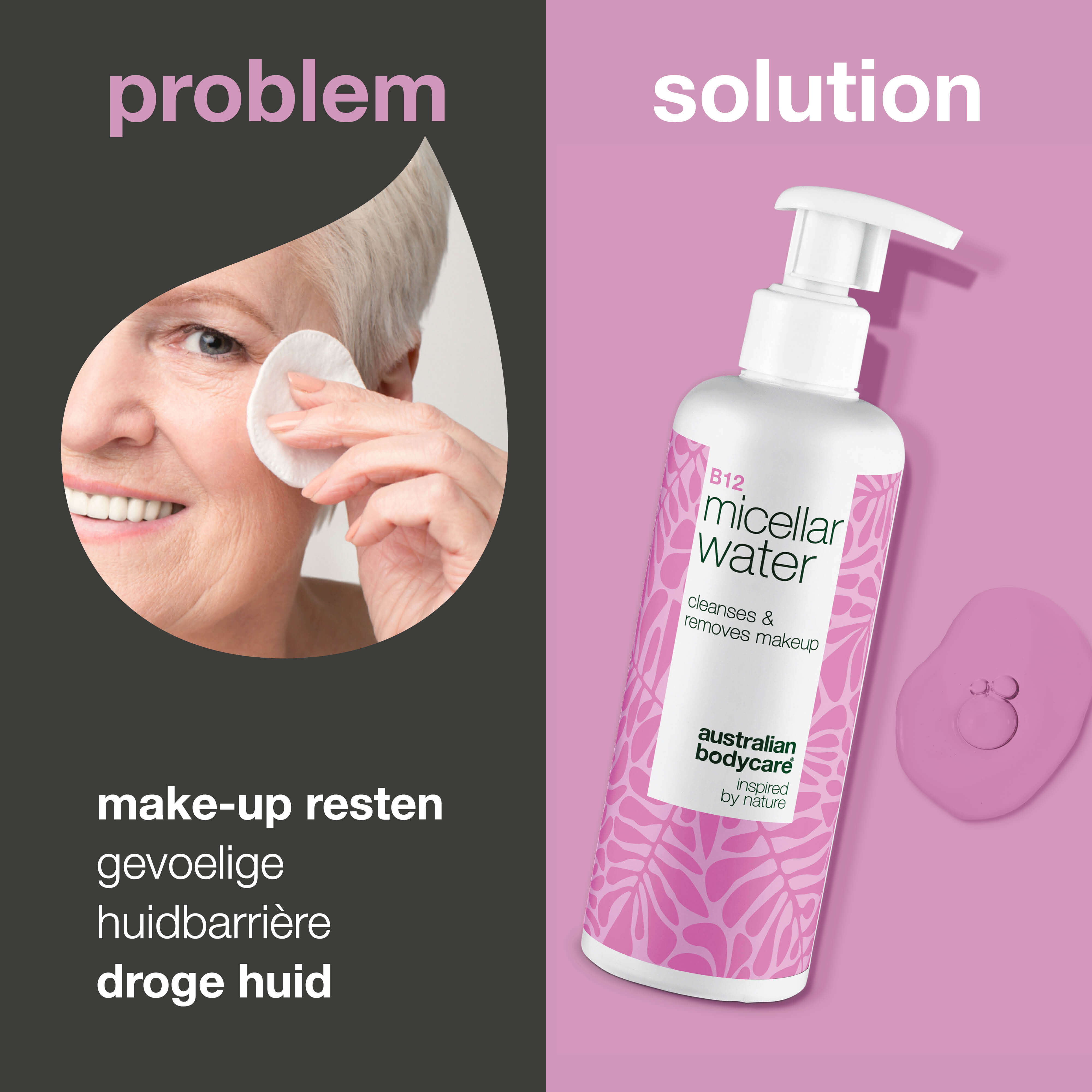 Micellair Water met B12 voor de droge of gevoelige huid. Reinigt zonder uitdroging. Met Vitamine B12, Niacinamide, Glycerine en Propanediol.