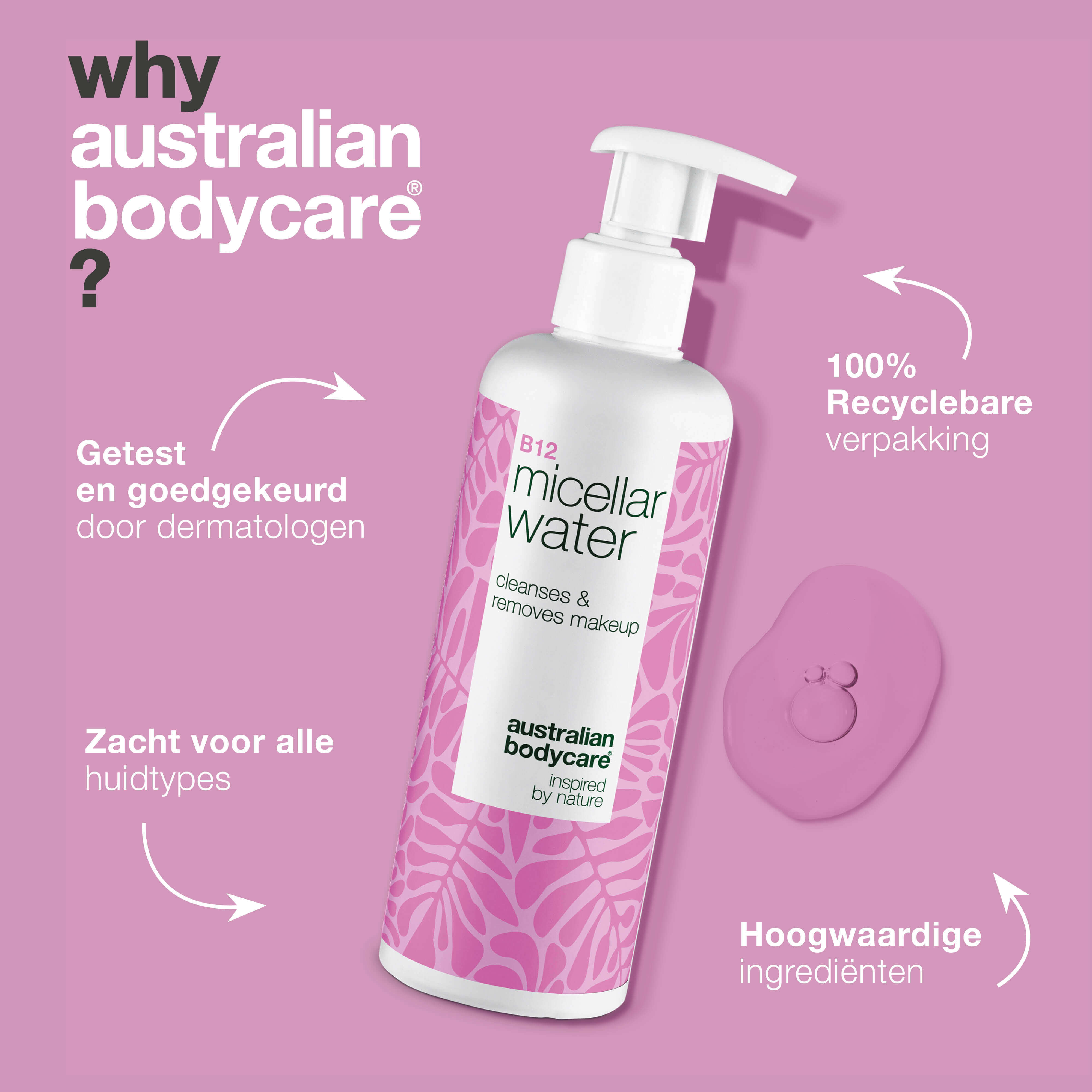 Micellair Water met B12 voor de droge of gevoelige huid. Reinigt zonder uitdroging. Met Vitamine B12, Niacinamide, Glycerine en Propanediol.