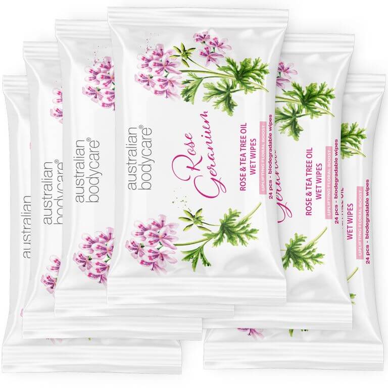 Vochtige doekjes met Rose Geranium & Tea Tree Olie 24 stuks - Verwijdert bacteriën, vuil en make–up