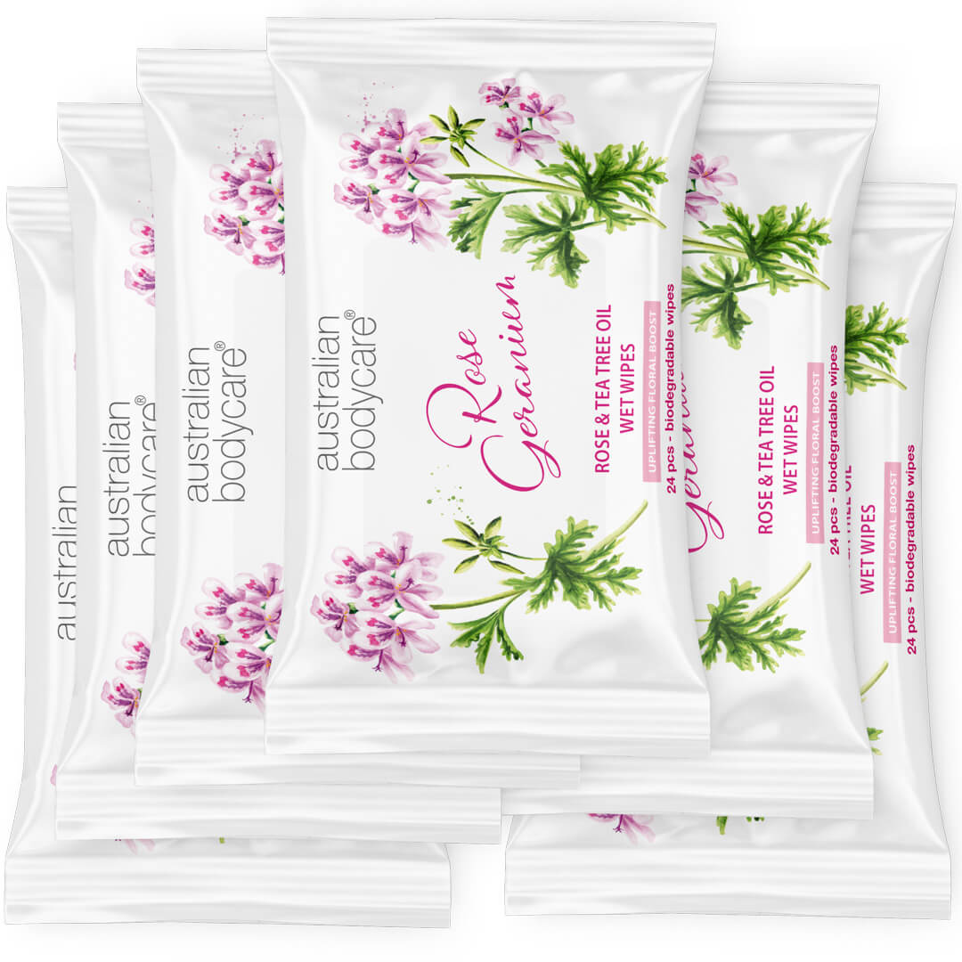 Vochtige doekjes met Rose Geranium & Tea Tree Olie 24 stuks - Verwijdert bacteriën, vuil en make–up