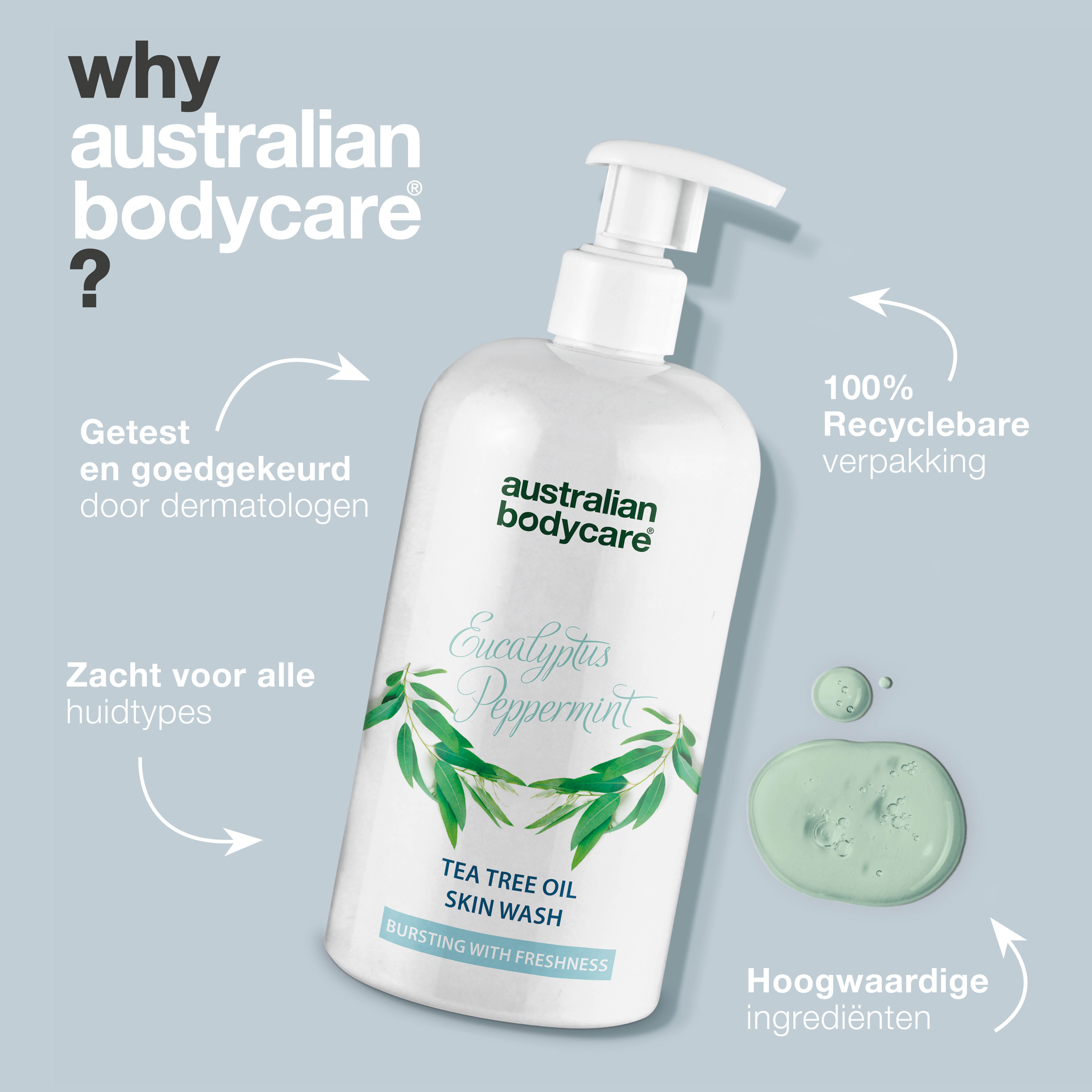 Professionele Eucalyptus Skin Wash — Douchegel voor professioneel gebruik met natuurlijke Teatree Olie en Australische Eucalyptus