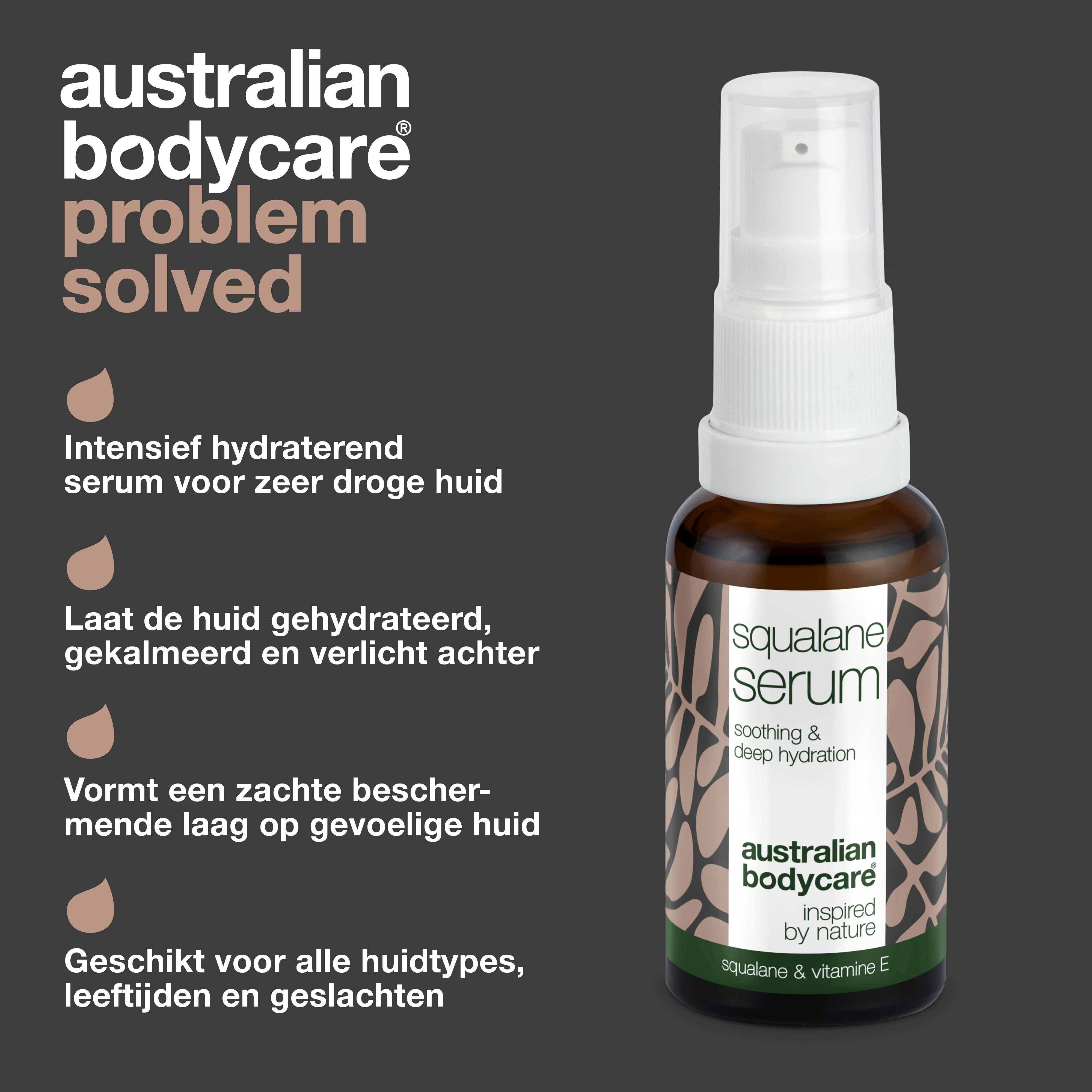 Hydraterend gezichtsserum met Squalane & Vitamine E — Squalane & Vitamine E voeden en hydrateren de droge huid. Lichtgewicht serum dat snel intrekt en de huid zacht en soepel maakt.