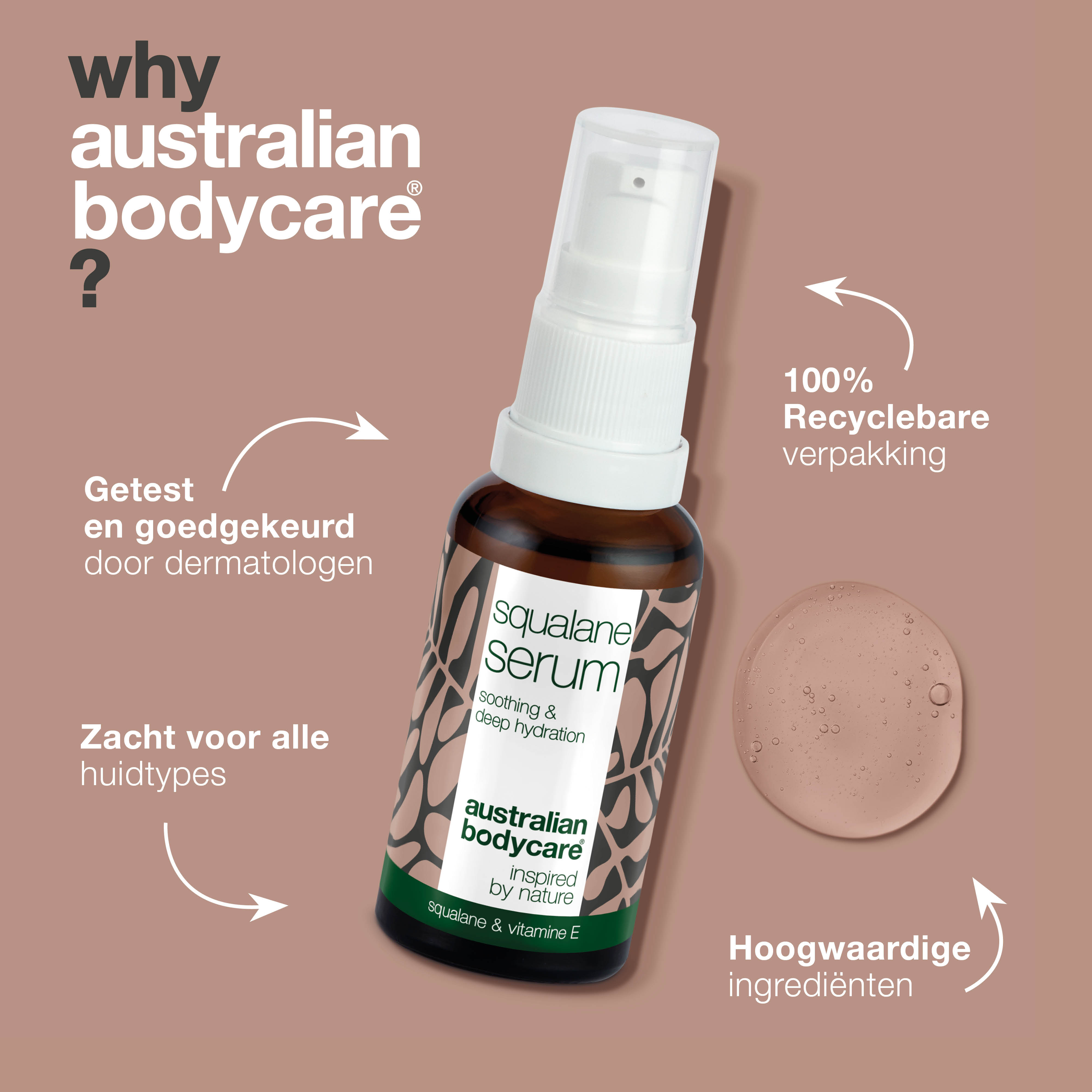 Hydraterend gezichtsserum met Squalane & Vitamine E — Squalane & Vitamine E voeden en hydrateren de droge huid. Lichtgewicht serum dat snel intrekt en de huid zacht en soepel maakt.