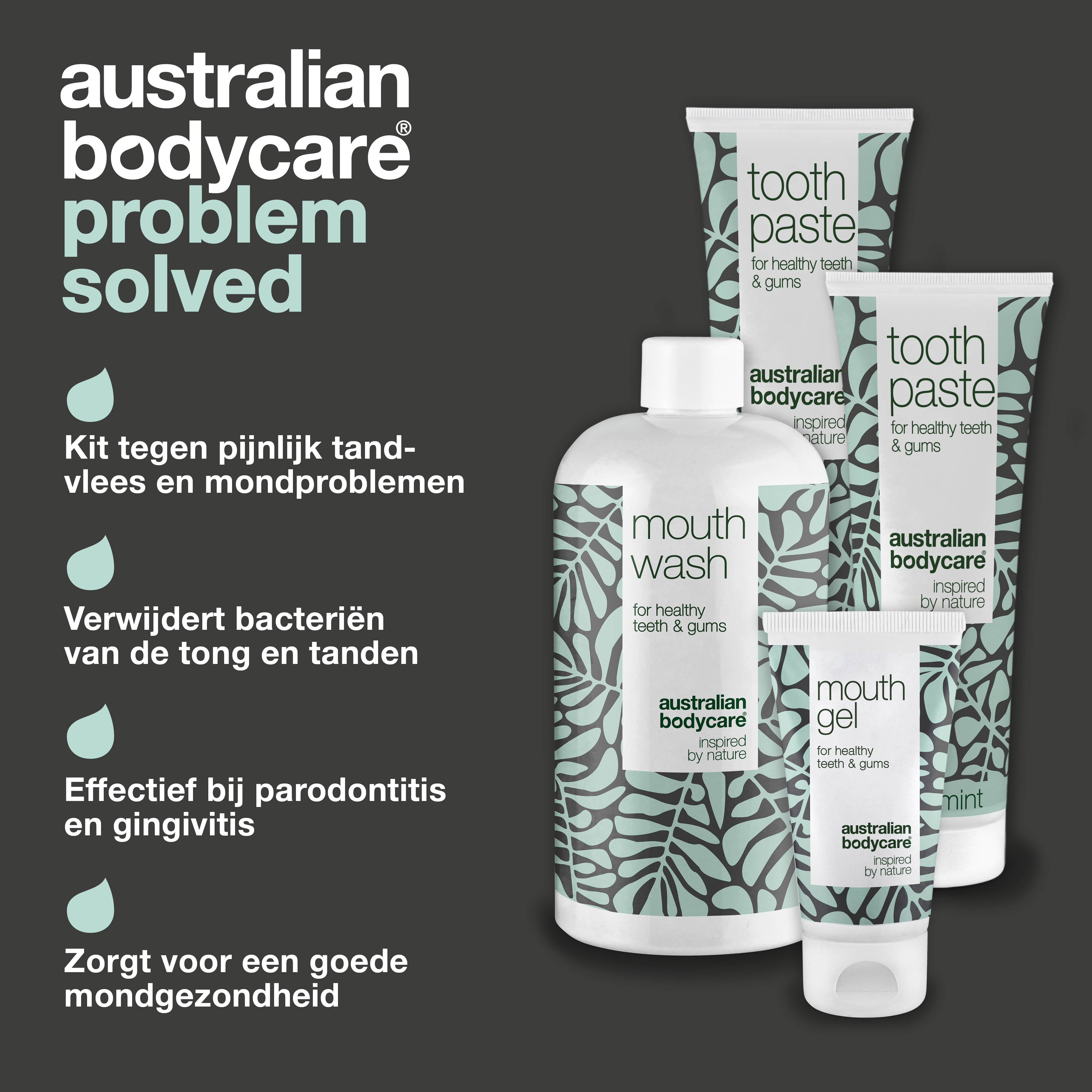 Mondverzorgingspakket met 4 producten met Tea Tree Oil — Voor dagelijkse verzorging bij mondschimmel, parodontitis en ontstoken tandvlees