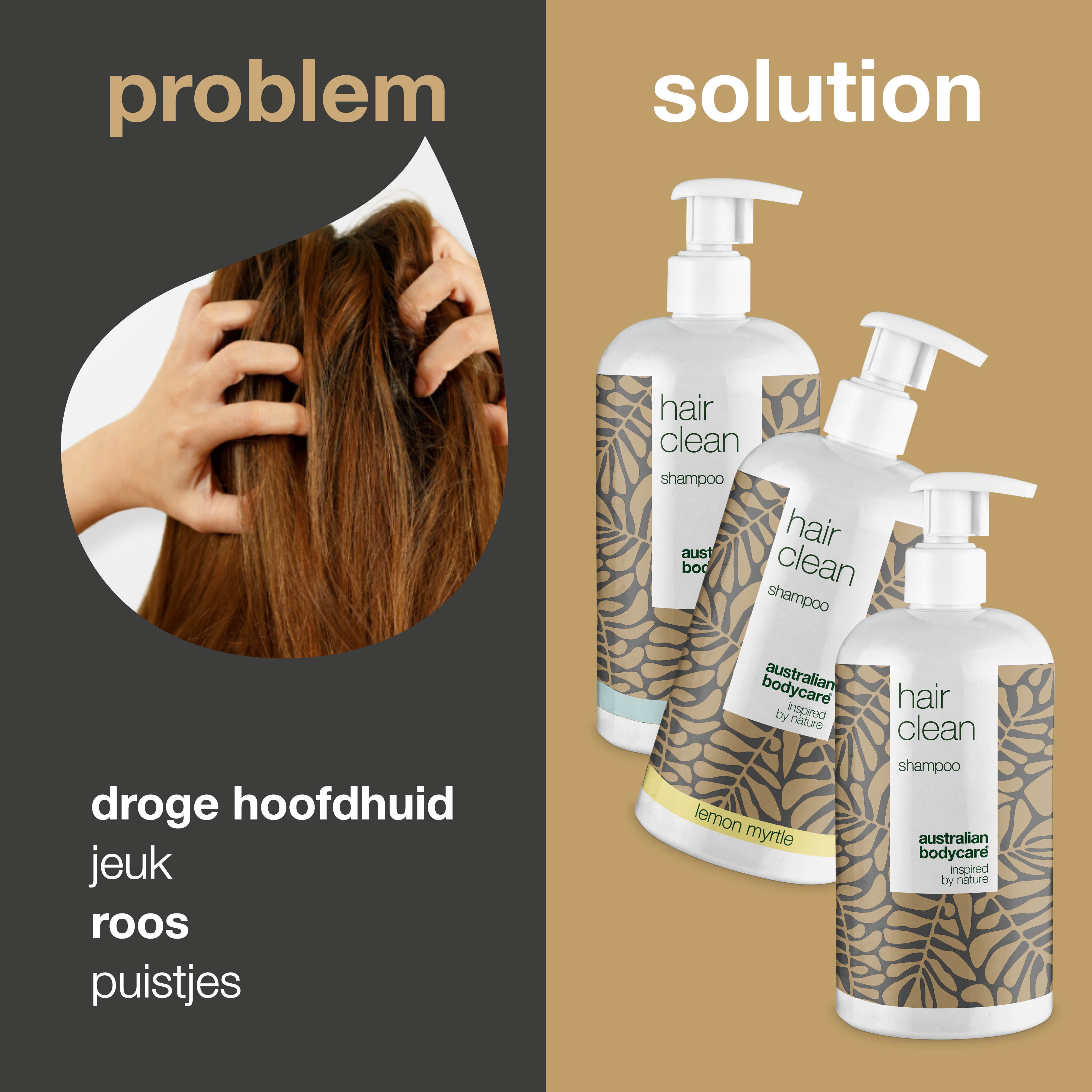 3 Hair Clean anti-roos shampoo's - pakketaanbieding — Pakketaanbieding met 3 shampoo's (500 ml): Tea Tree Olie, Lemon Myrtle & Mint