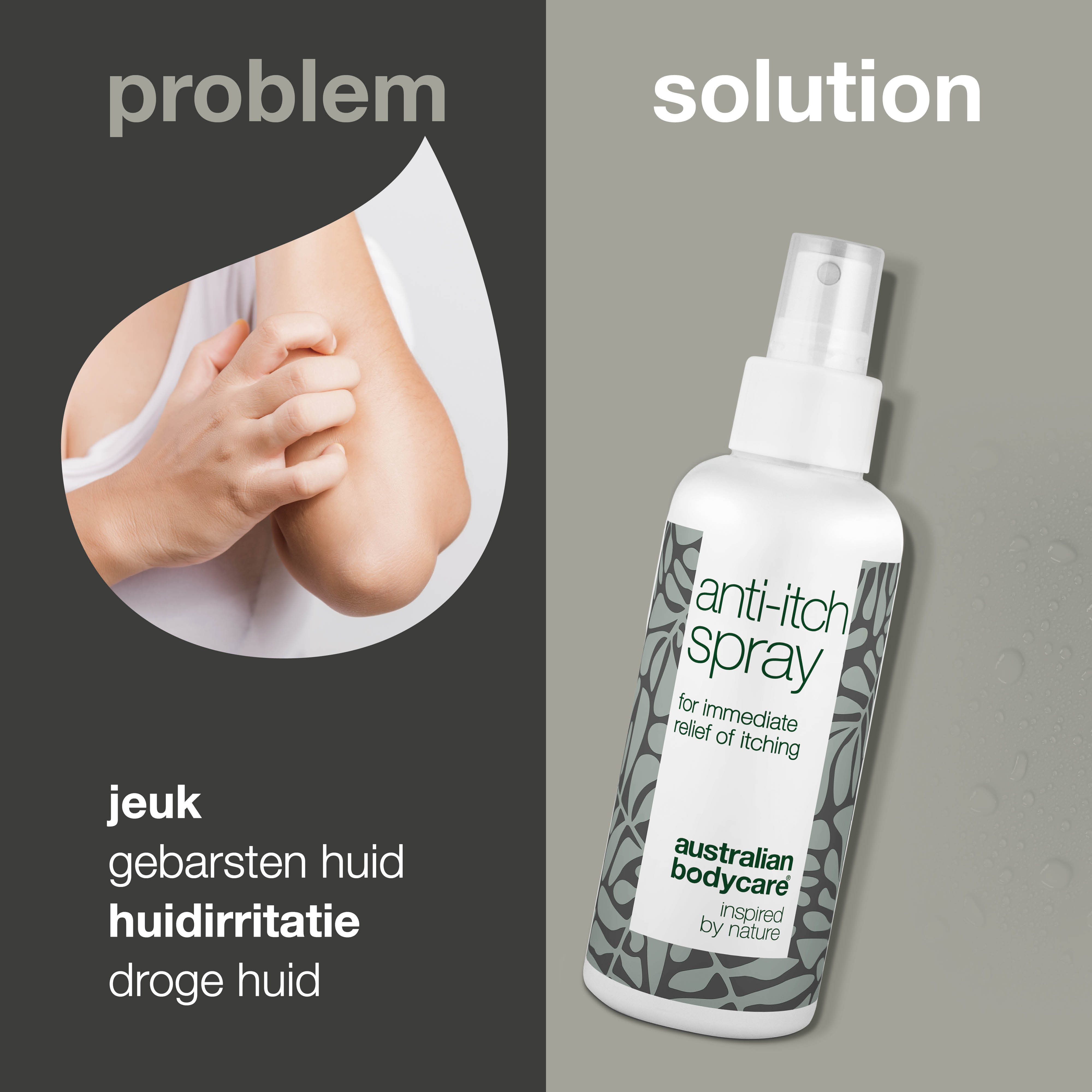 Spray bij een jeukerig gevoel op lichaam — Verzachtende en kalmerende anti-jeuk spray voor de droge huid