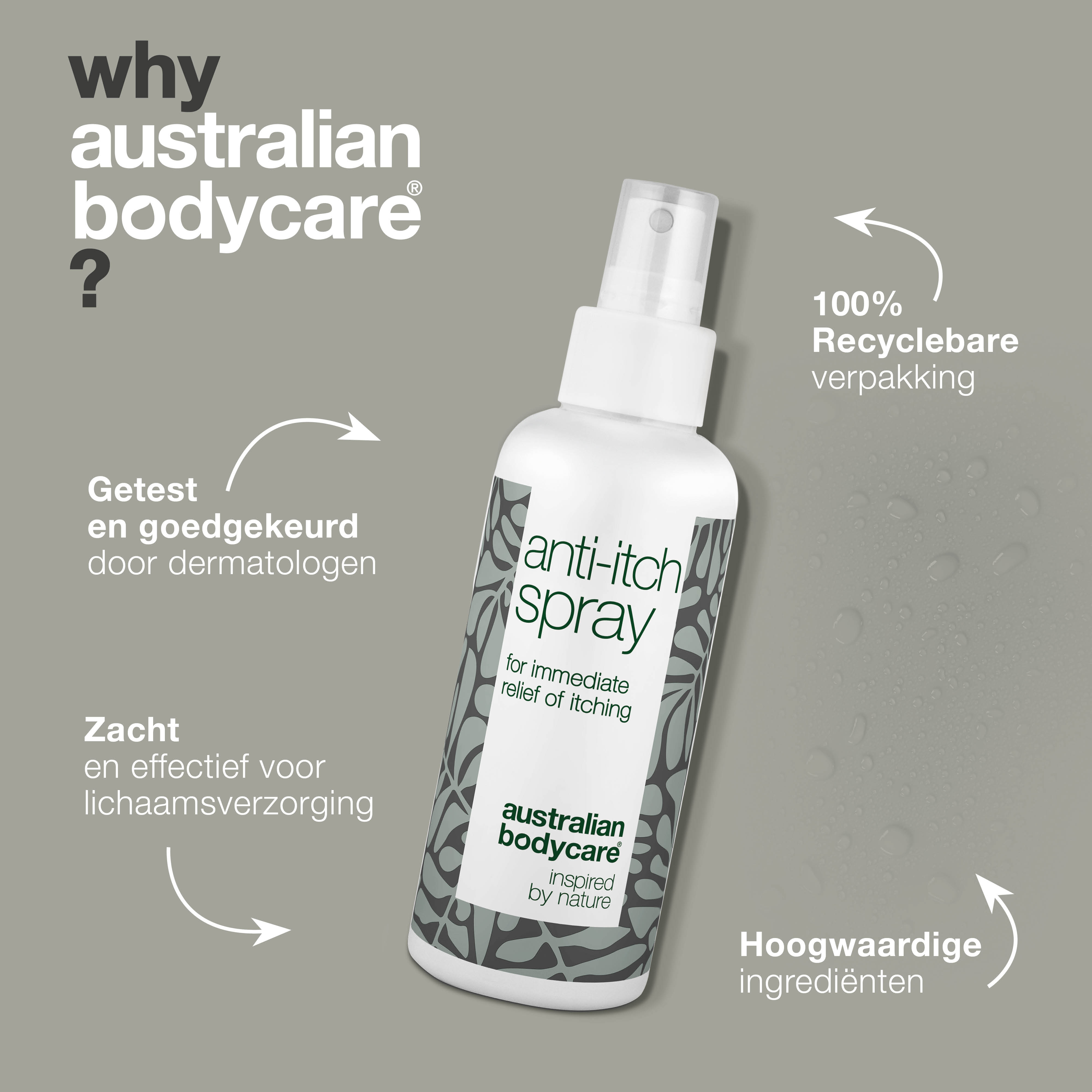 Spray bij een jeukerig gevoel op lichaam — Verzachtende en kalmerende anti-jeuk spray voor de droge huid