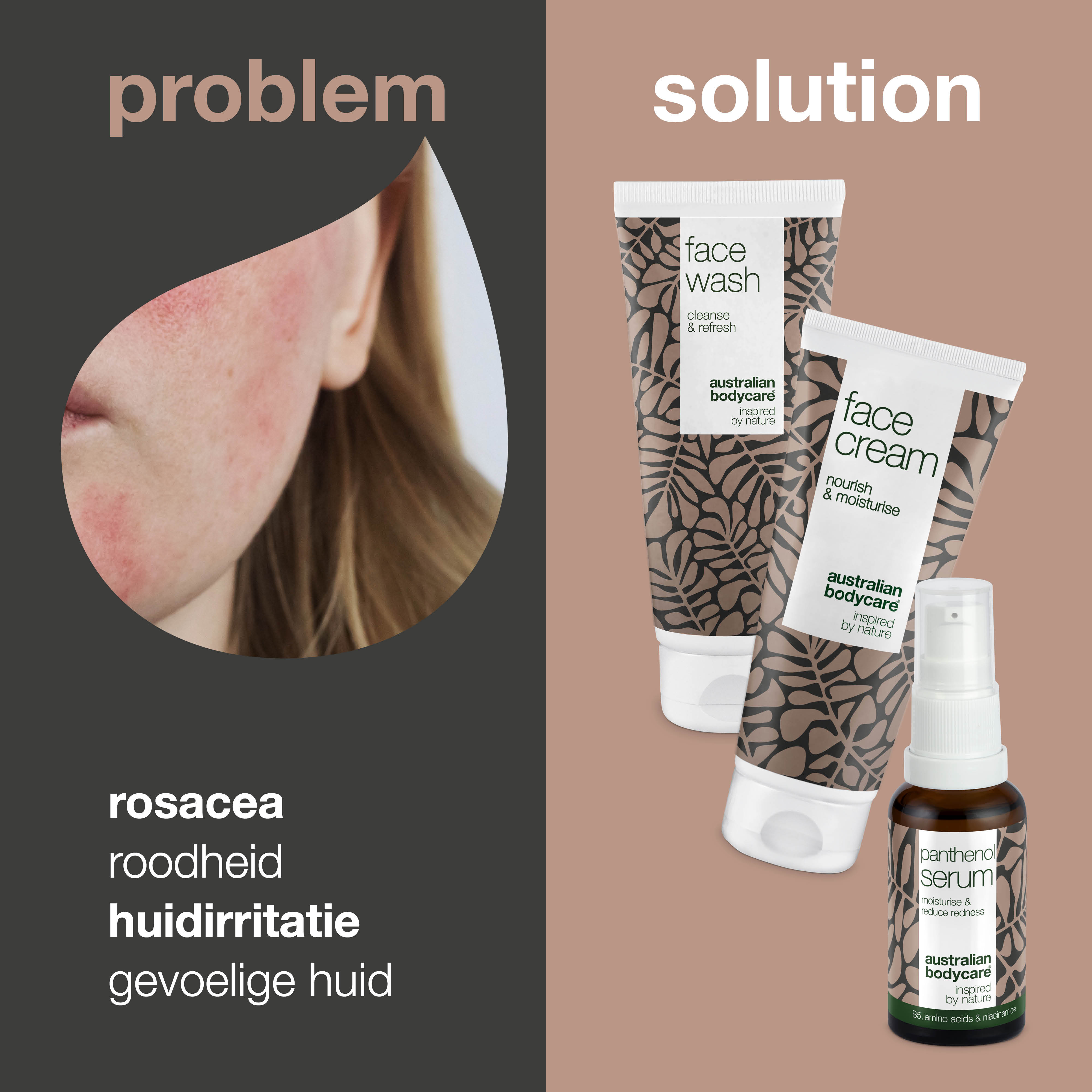 Pakket voor de verzorging van roodheid & gevoelige huid en bij rosacea — 3 verzachtende producten kunnen gebruikt worden bij rosacea: reiniger, B5 serum & crème