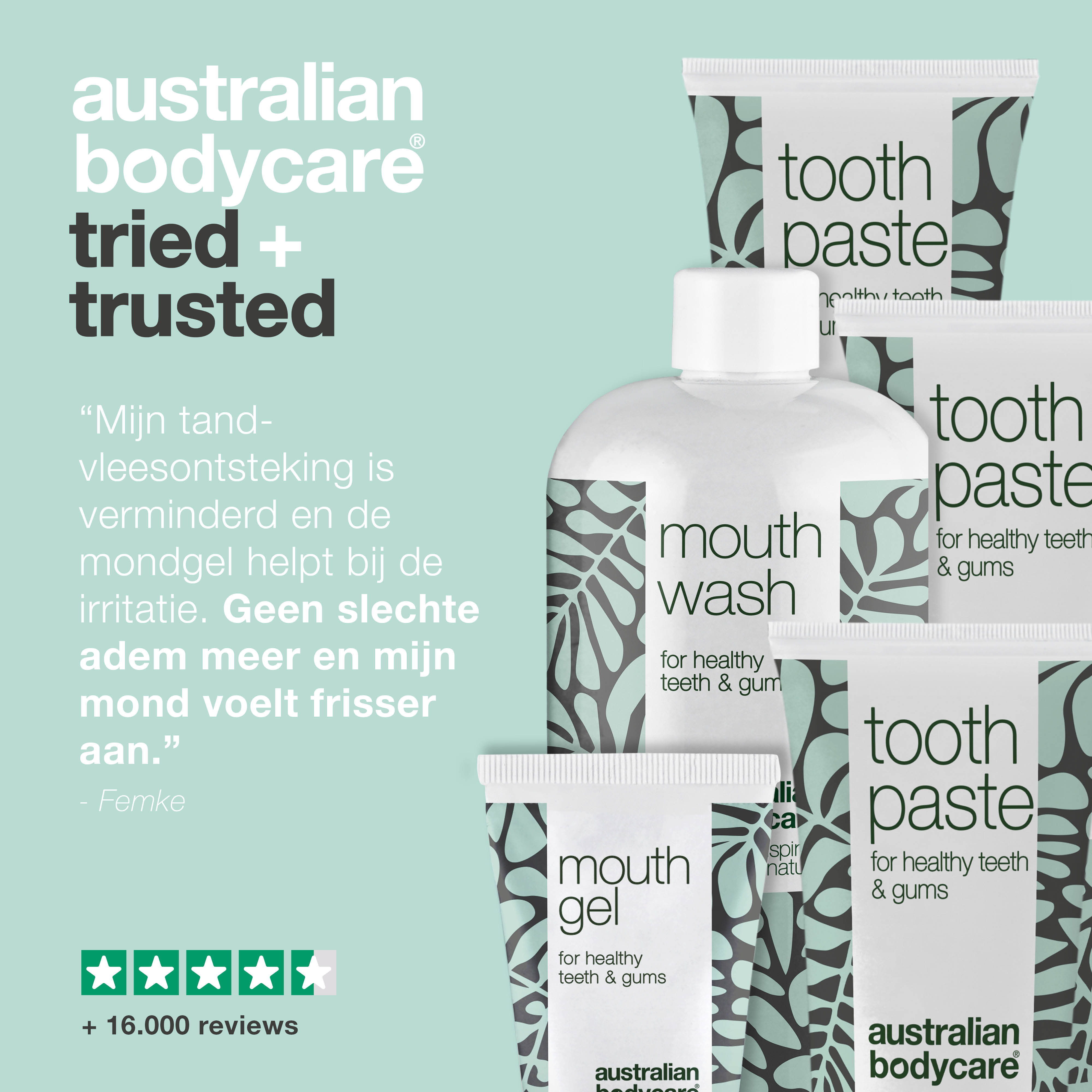 Mondverzorging 5 produkten met Tea Tree Olie — verzorging bij tandvleesontsteking, schimmel in de mond of op de tong