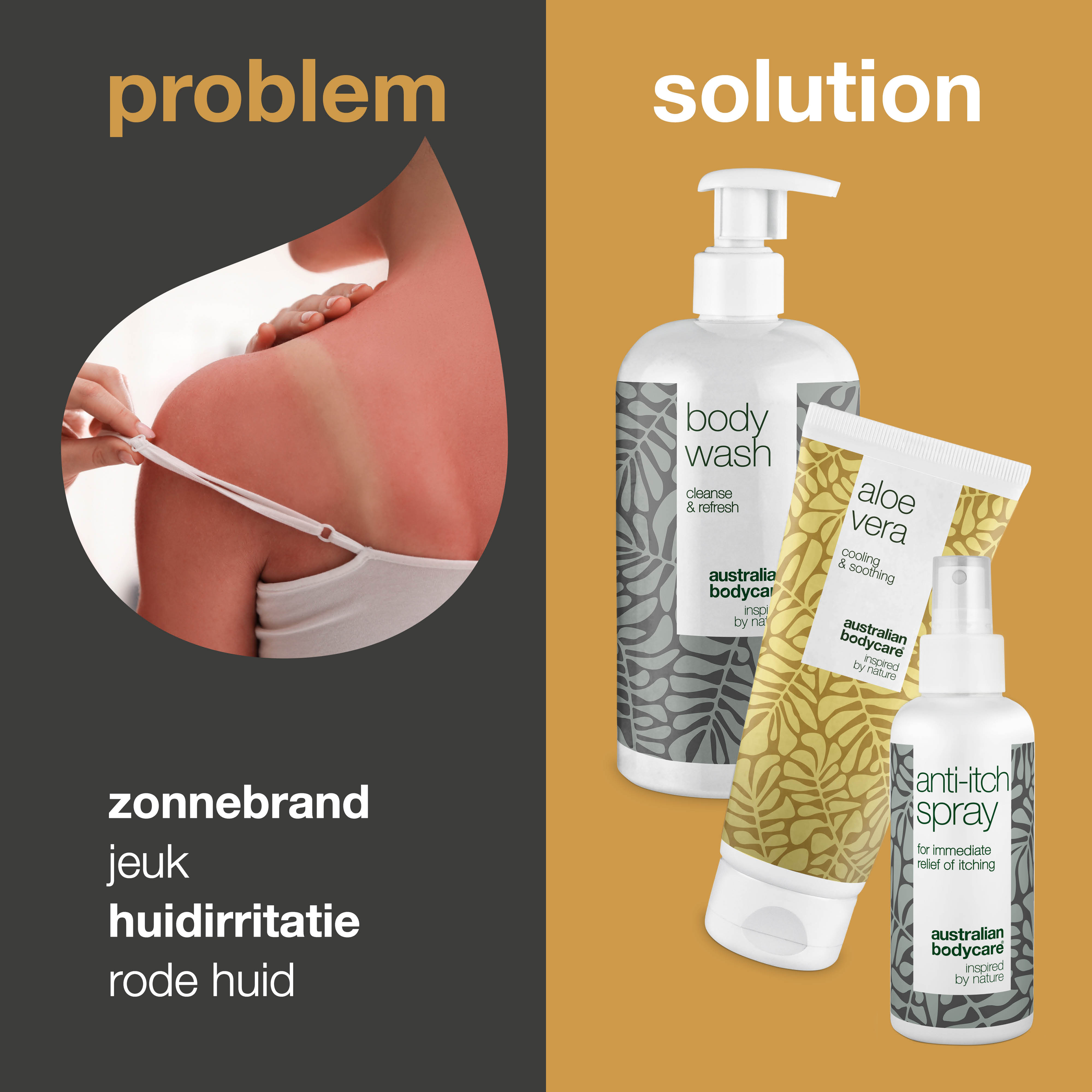 Aftersun pakket voor een rode huid en zonnebrand — 3 produkten voor de verzorging van zonnebrand, een branderige huid en zonneallergie