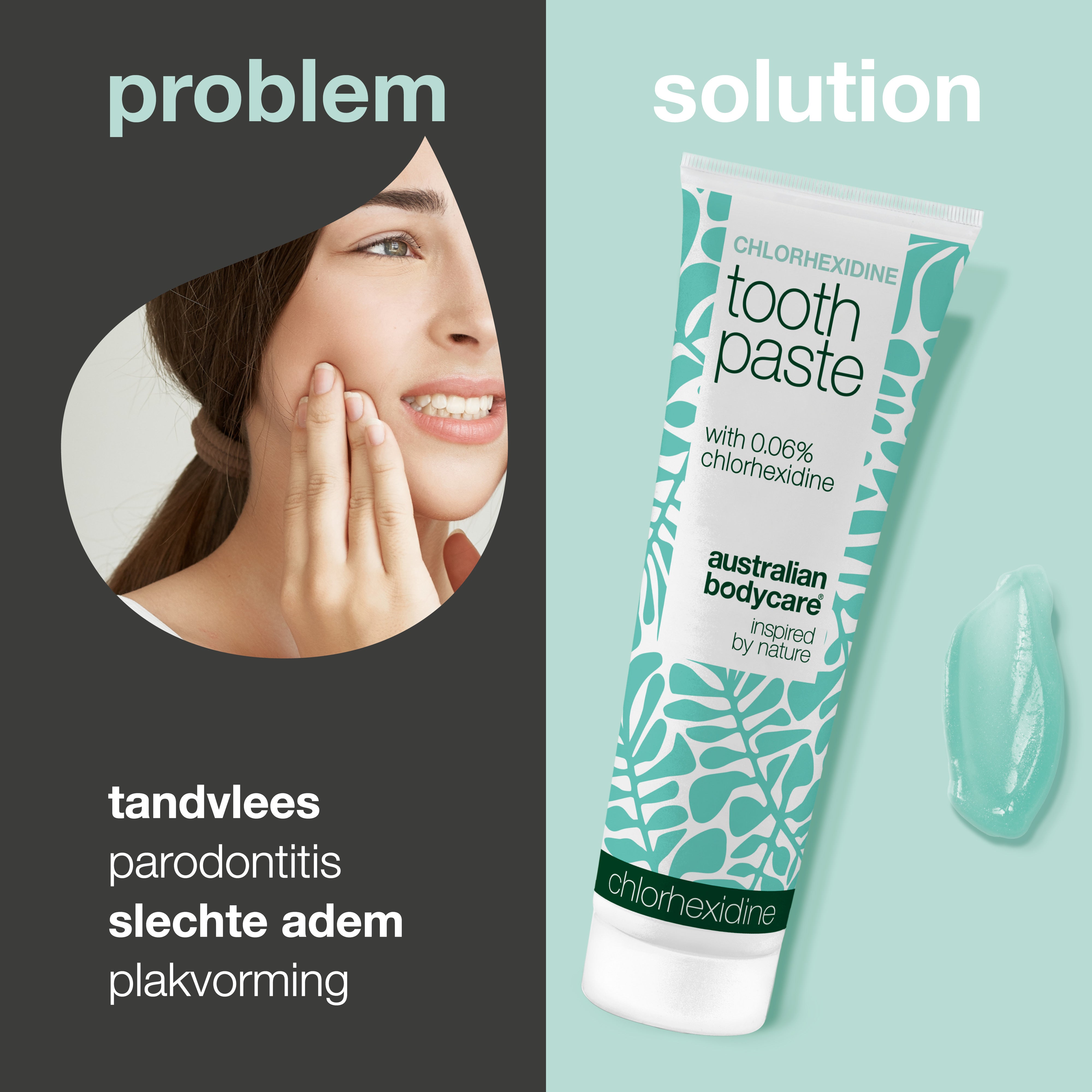 Probleem en oplossing naast elkaar: links een vrouw die haar wang vasthoudt, met de tekst parodontitis, gevoelig tandvlees, slechte adem en tandplak. Rechts de tube tandpasta en een klodder gel.