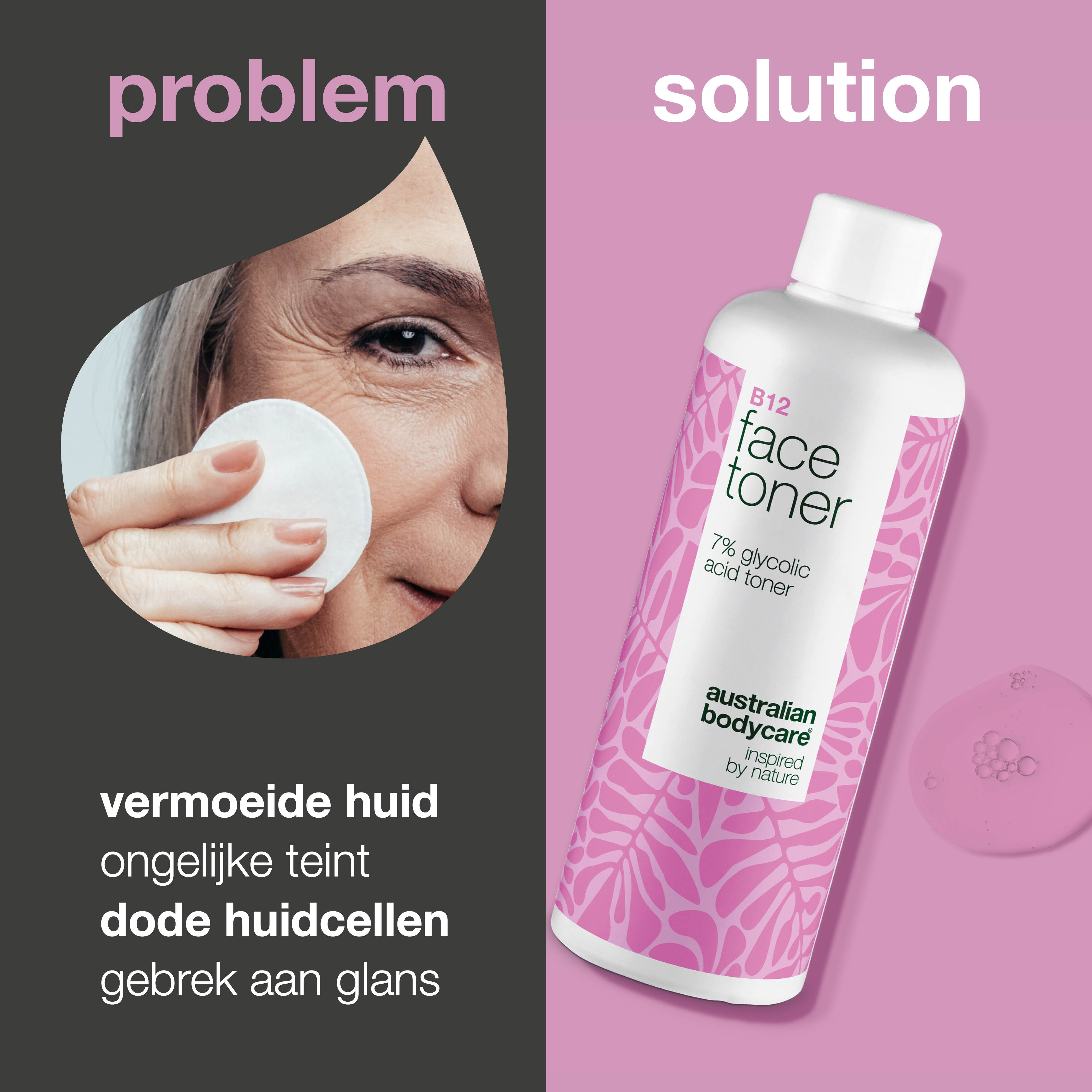 Gezichtstoner met B12 en 7% Glycolic Acid voor gladde huid — Exfoliërende toner met B12 en 7% Glycolic Acid. Geeft een gladde, frisse teint en stimuleert de natuurlijke glans van de huid.