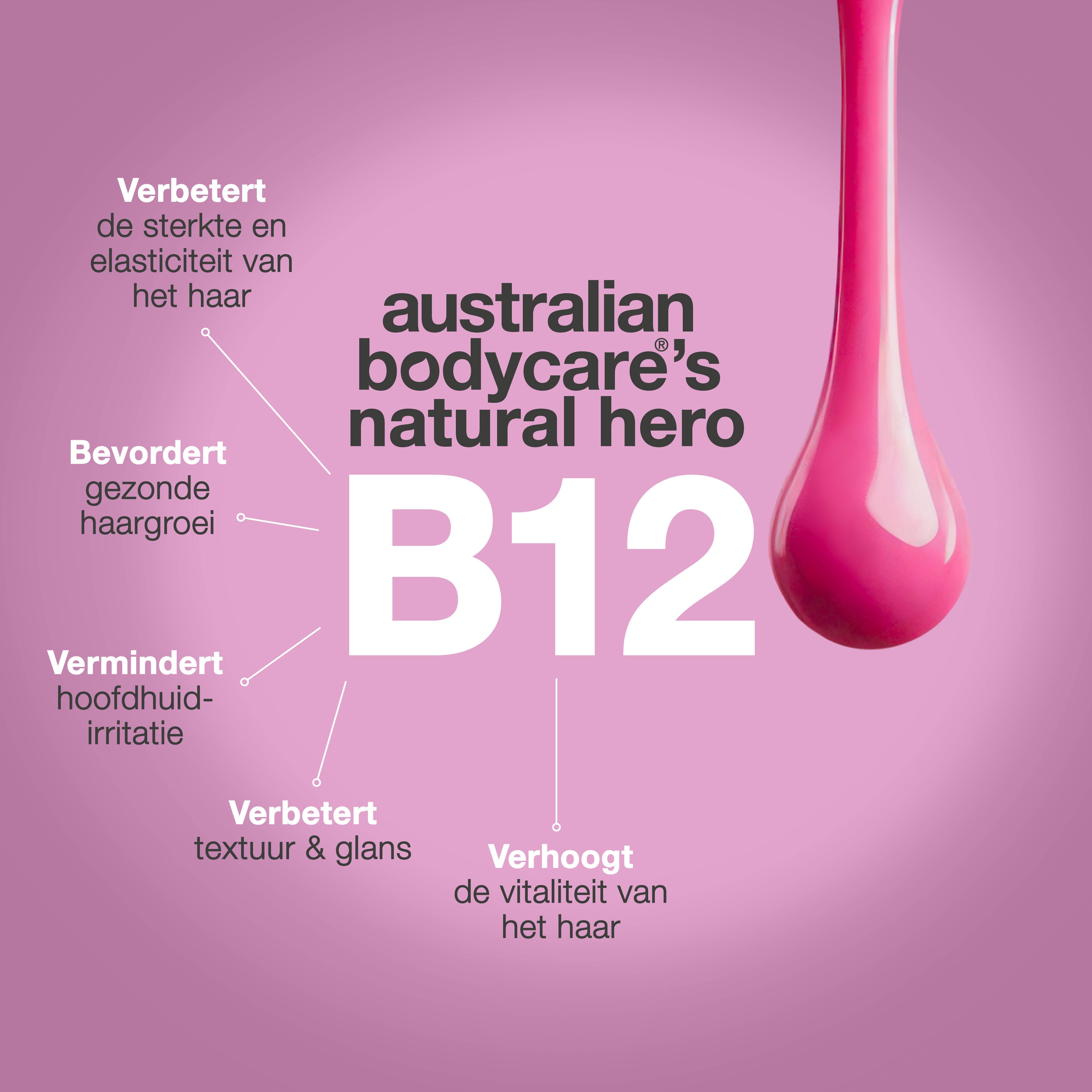 Vitamine B12 van Australian Bodycare verbetert de sterkte en elasticiteit van het haar, bevordert gezonde groei en geeft glans