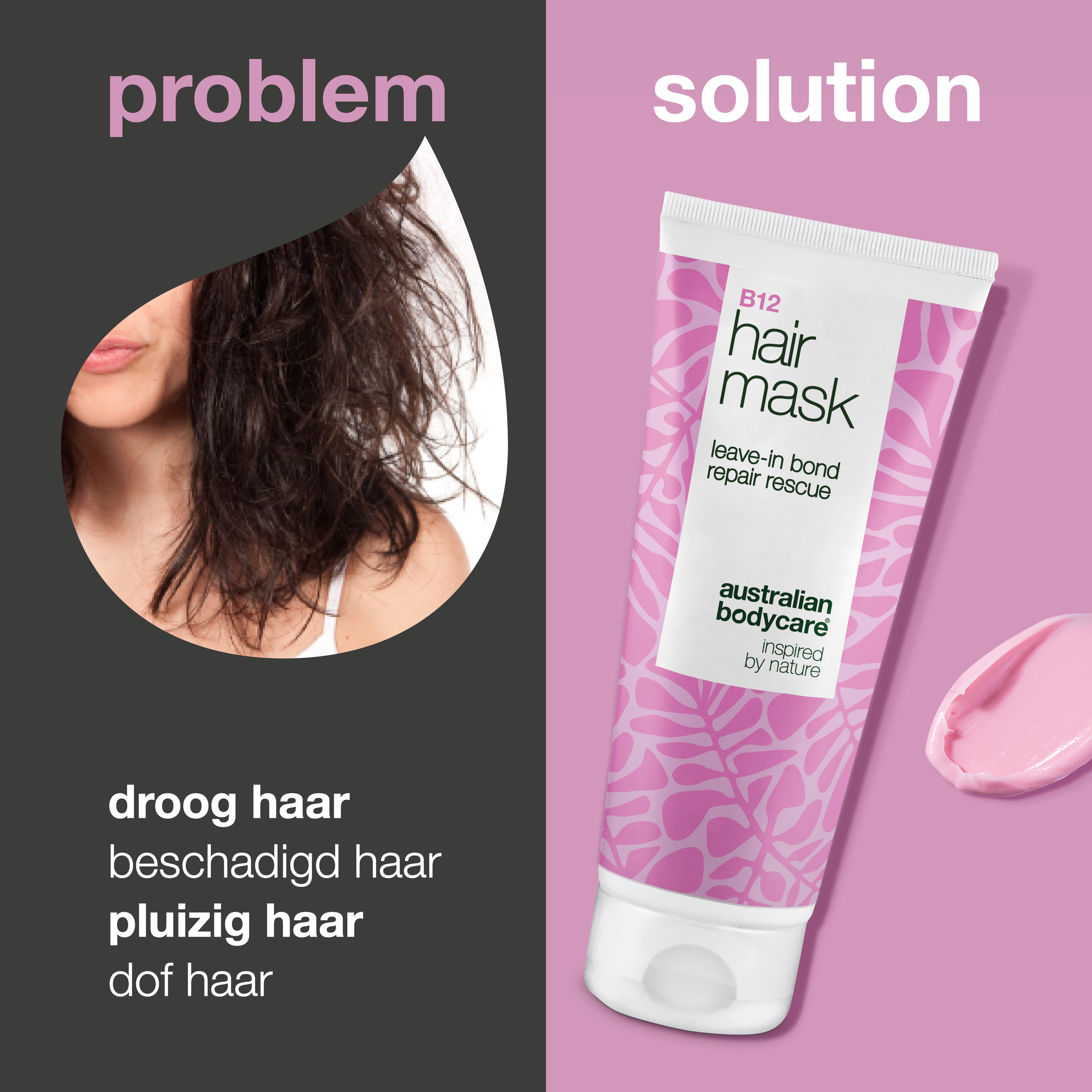 Probleem en oplossing: droog, beschadigd, pluizig en dof haar tegenover B12 Haarmasker van Australian Bodycare