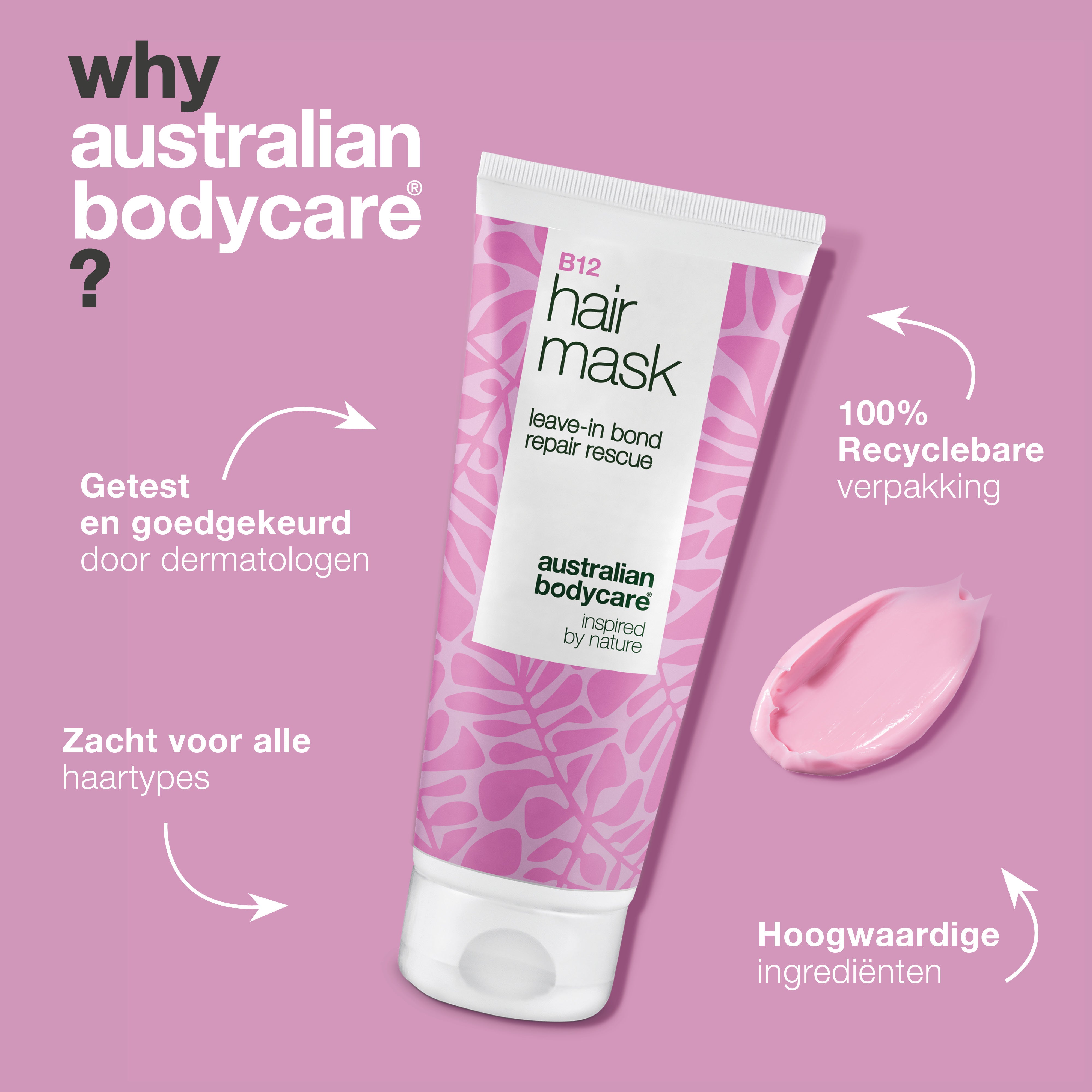 B12 Haarmasker is dermatologisch getest, mild voor alle haartypes en heeft een 100 % recyclebare verpakking