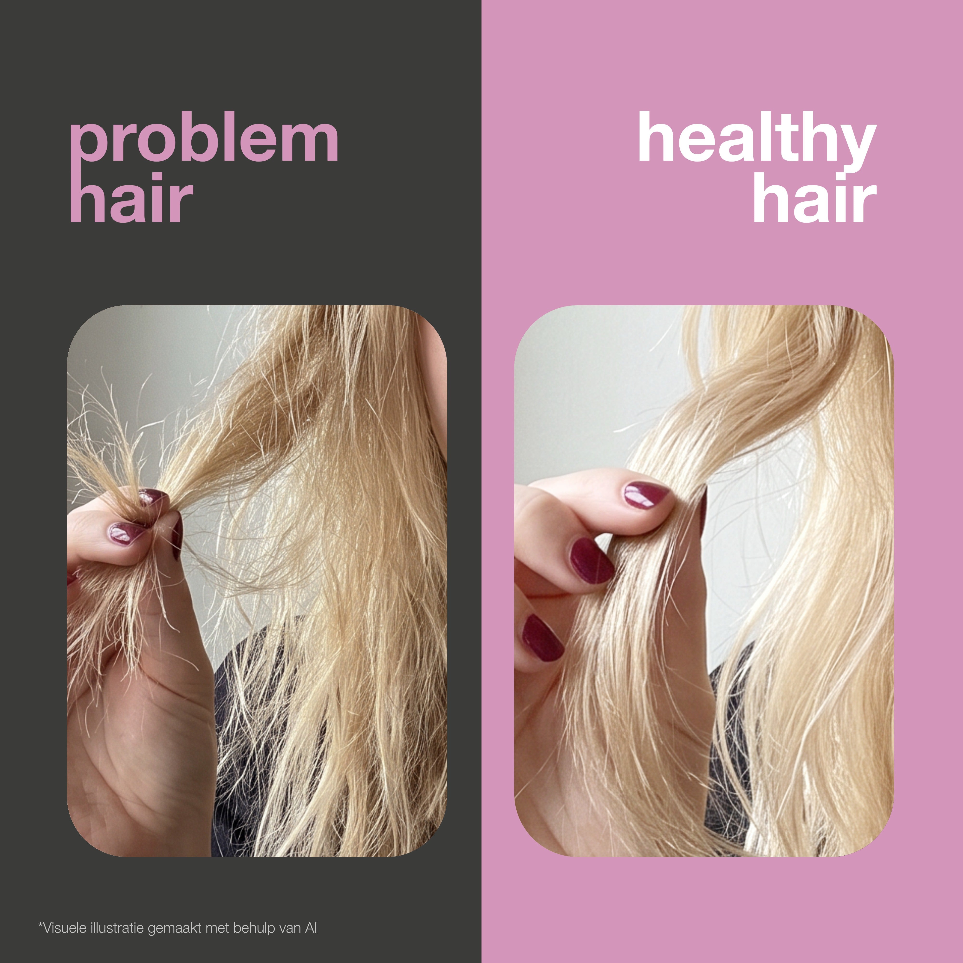 Voor en na: droog, beschadigd en gespleten haar tegenover zacht en glanzend haar. Visuele illustratie.