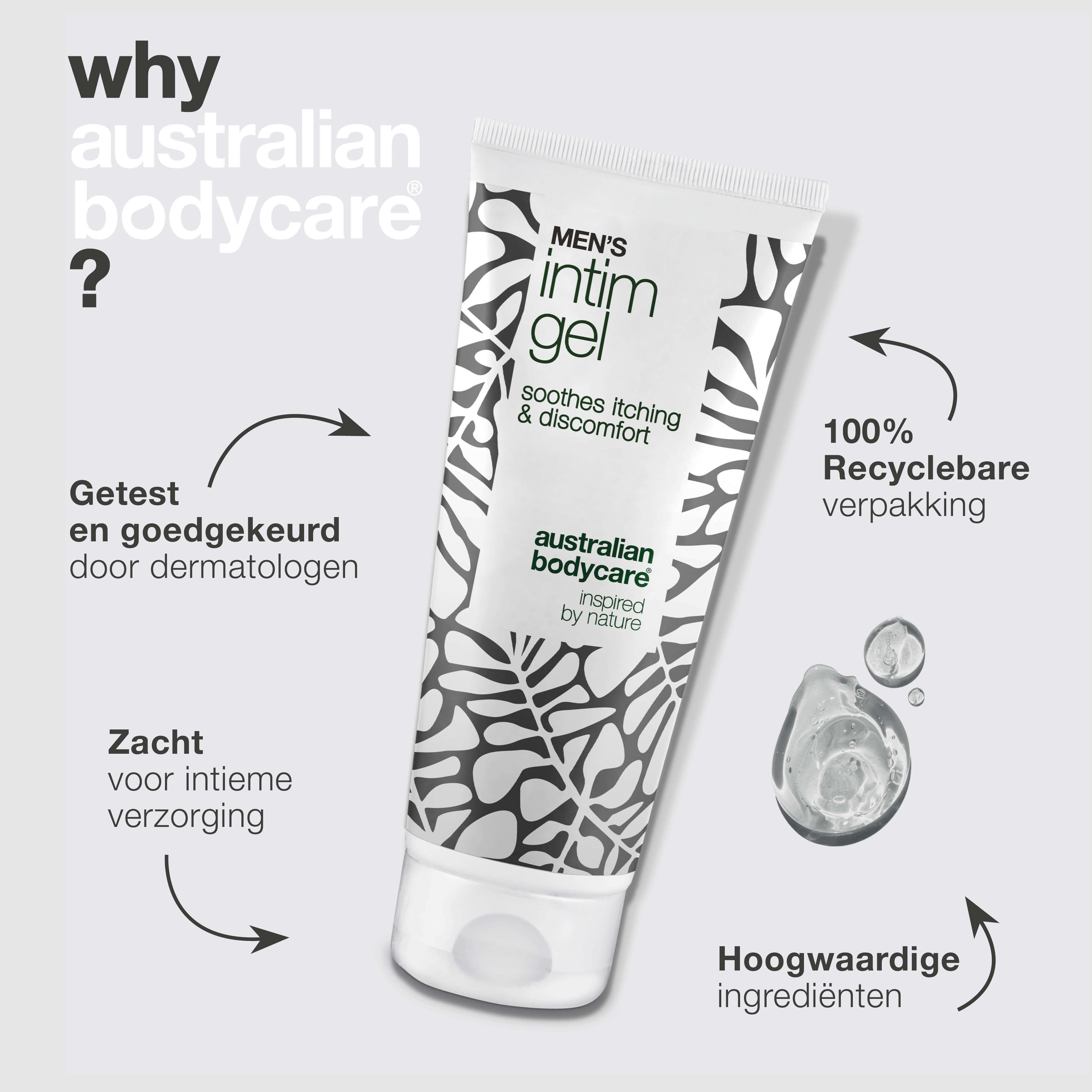 Intieme gel voor mannen – Verlicht jeuk en irritatie — Zeg jeuk en ongemak vaarwel met Men’s Intimate Gel. Houdt de huid fris en in balans met een niet-vette, snel absorberende formule.