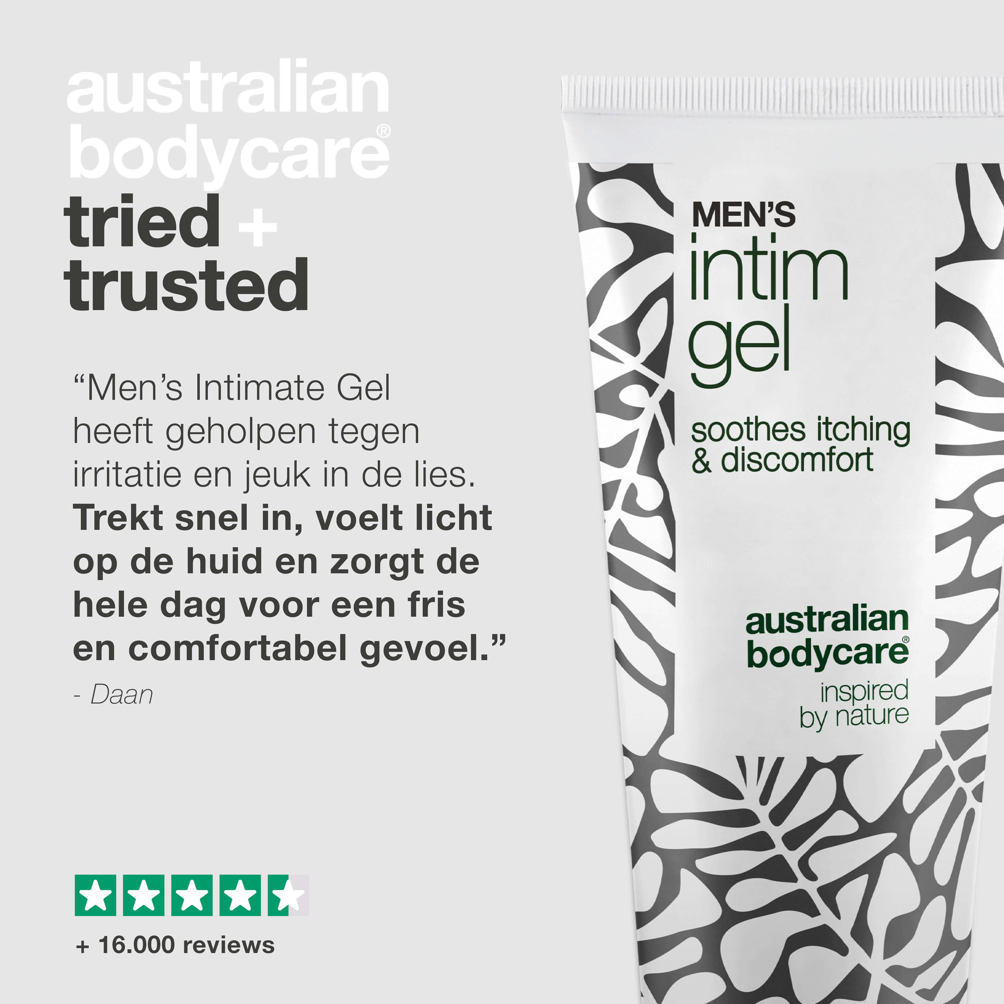 Intieme gel voor mannen – Verlicht jeuk en irritatie — Zeg jeuk en ongemak vaarwel met Men’s Intimate Gel. Houdt de huid fris en in balans met een niet-vette, snel absorberende formule.