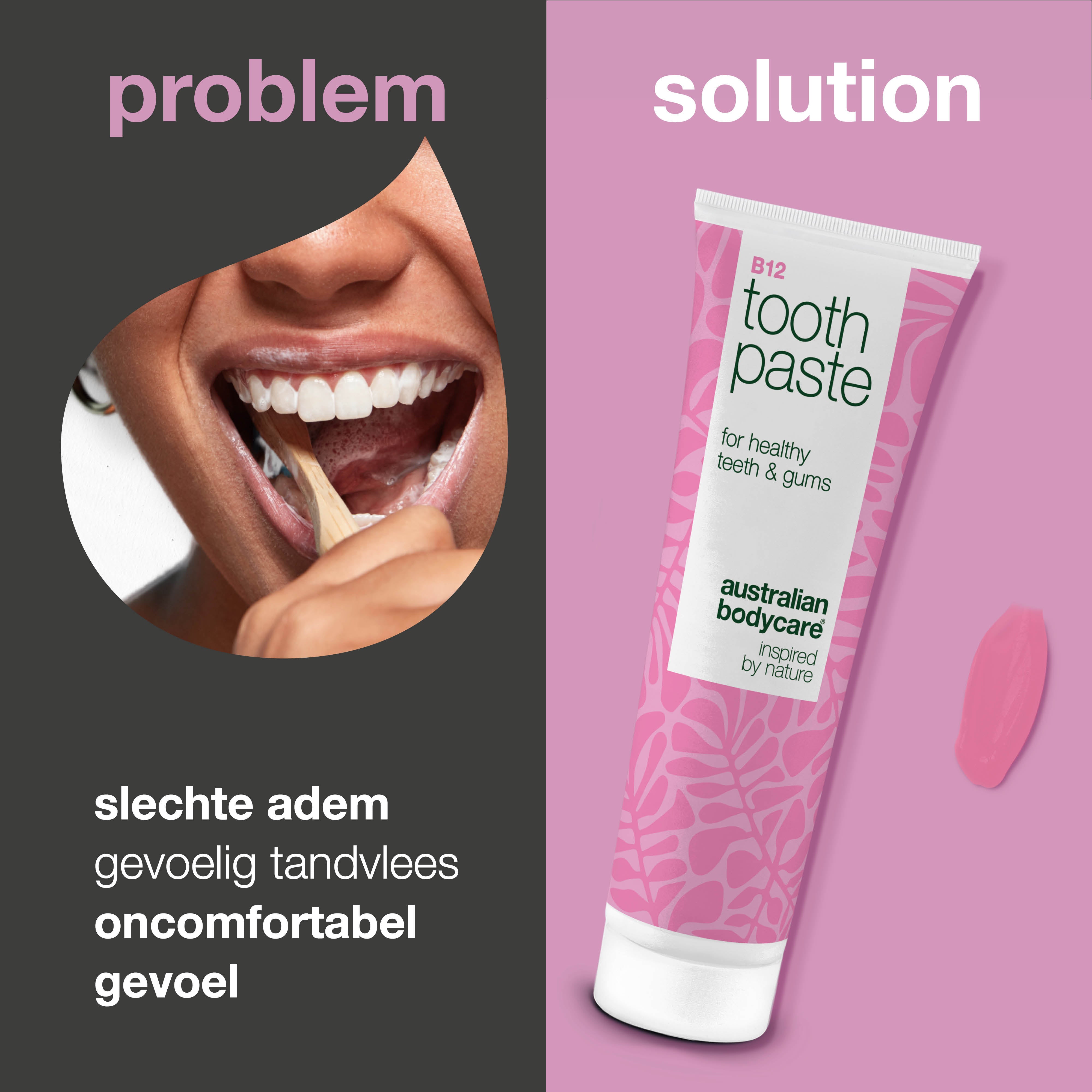 Vitamin B12 Tandpasta verlicht droogheid en gevoelig tandvlees, voorkomt slechte adem. Met B12, fluoride, zink, citroenschil en pepermunt voor dagelijkse mondzorg.