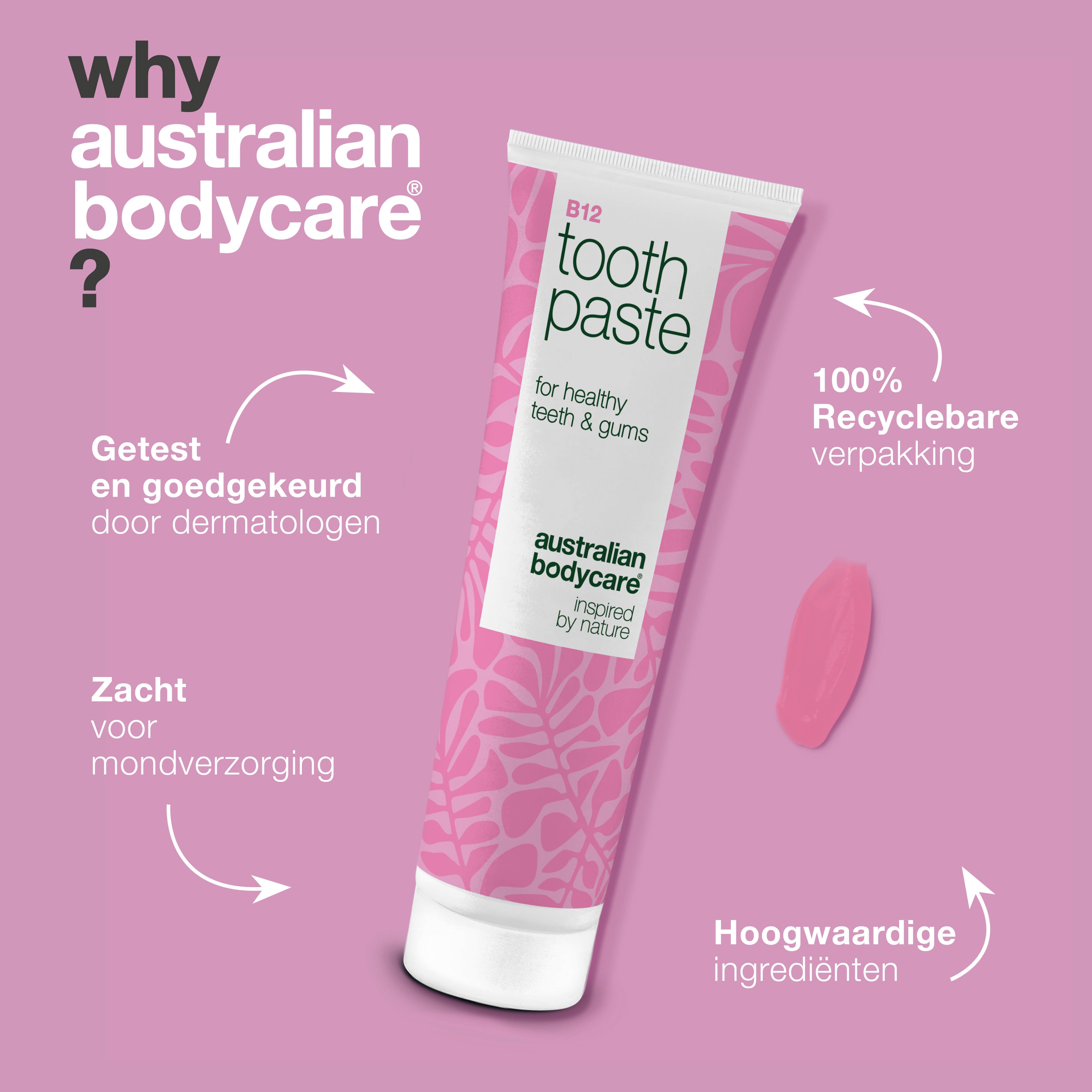 Vitamin B12 Tandpasta verlicht droogheid en gevoelig tandvlees, voorkomt slechte adem. Met B12, fluoride, zink, citroenschil en pepermunt voor dagelijkse mondzorg.