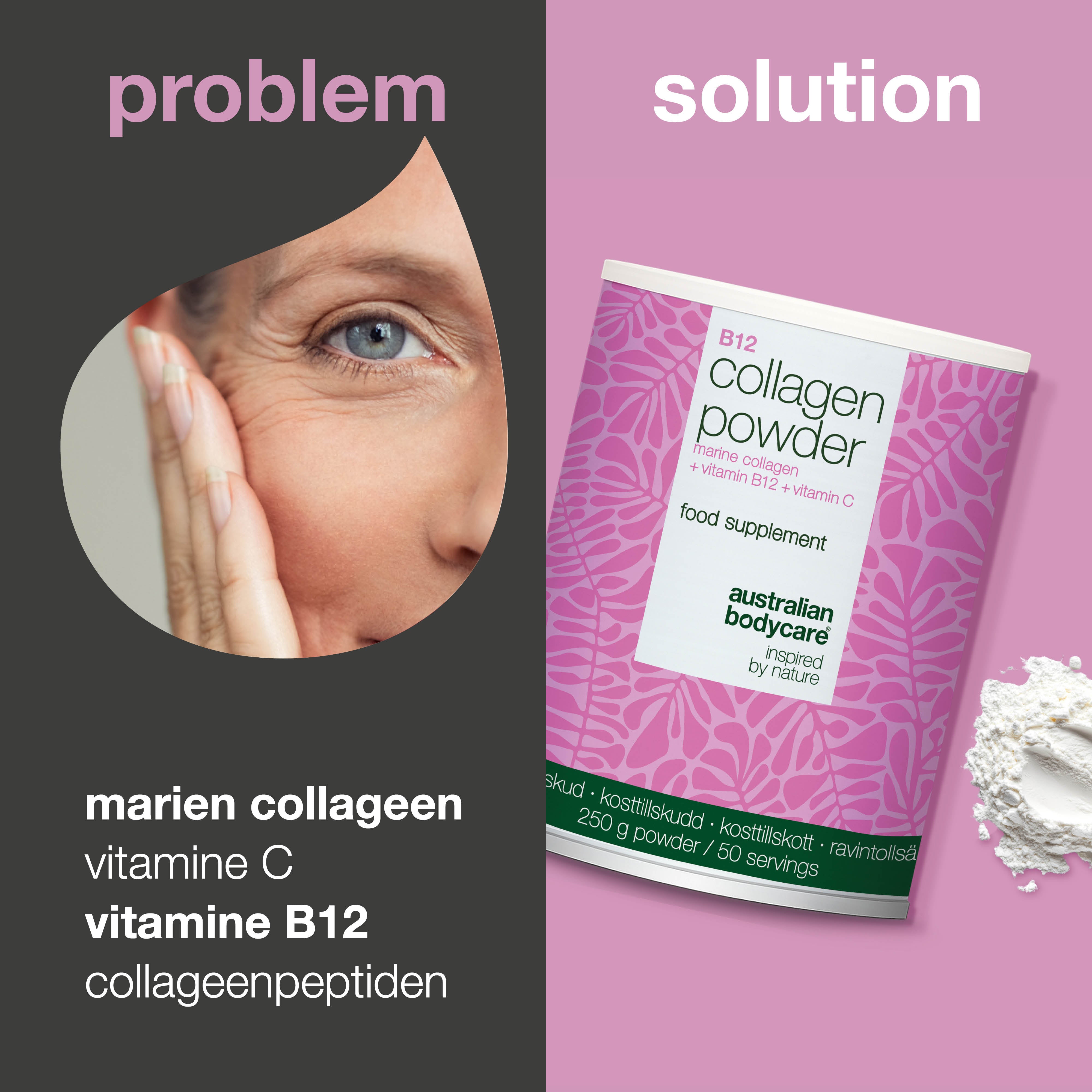 Collageen poeder voor dagelijks gebruik in voeding of drank. Een eenvoudige aanvulling op je routine. Bevat marien collageen, vitamine C en B12.