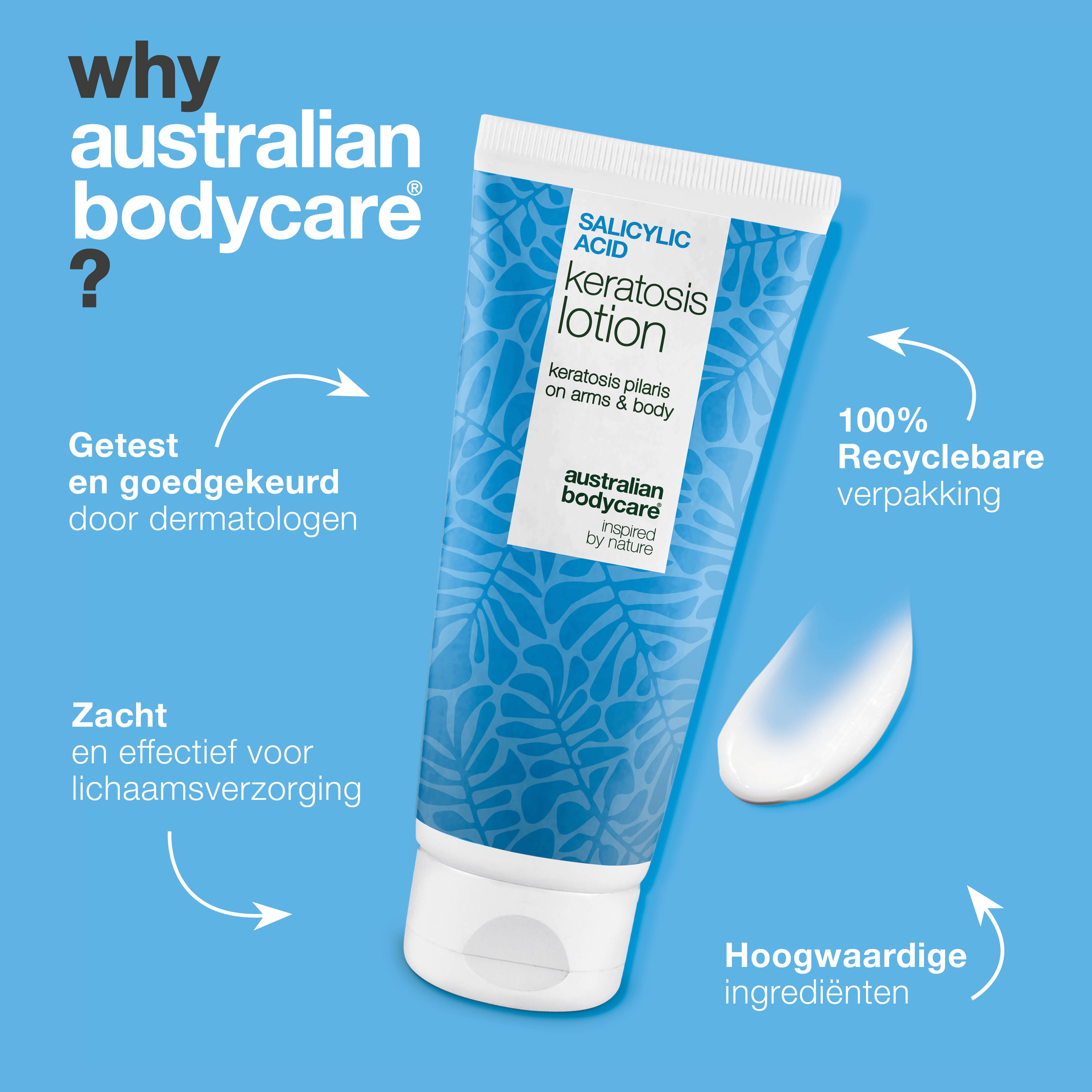 Body lotion bij keratosis pilaris en ruwe, bobbelige huid — Body lotion voor keratosis pilaris en droge huid. Verzacht met salicylzuur, niacinamide en zink.