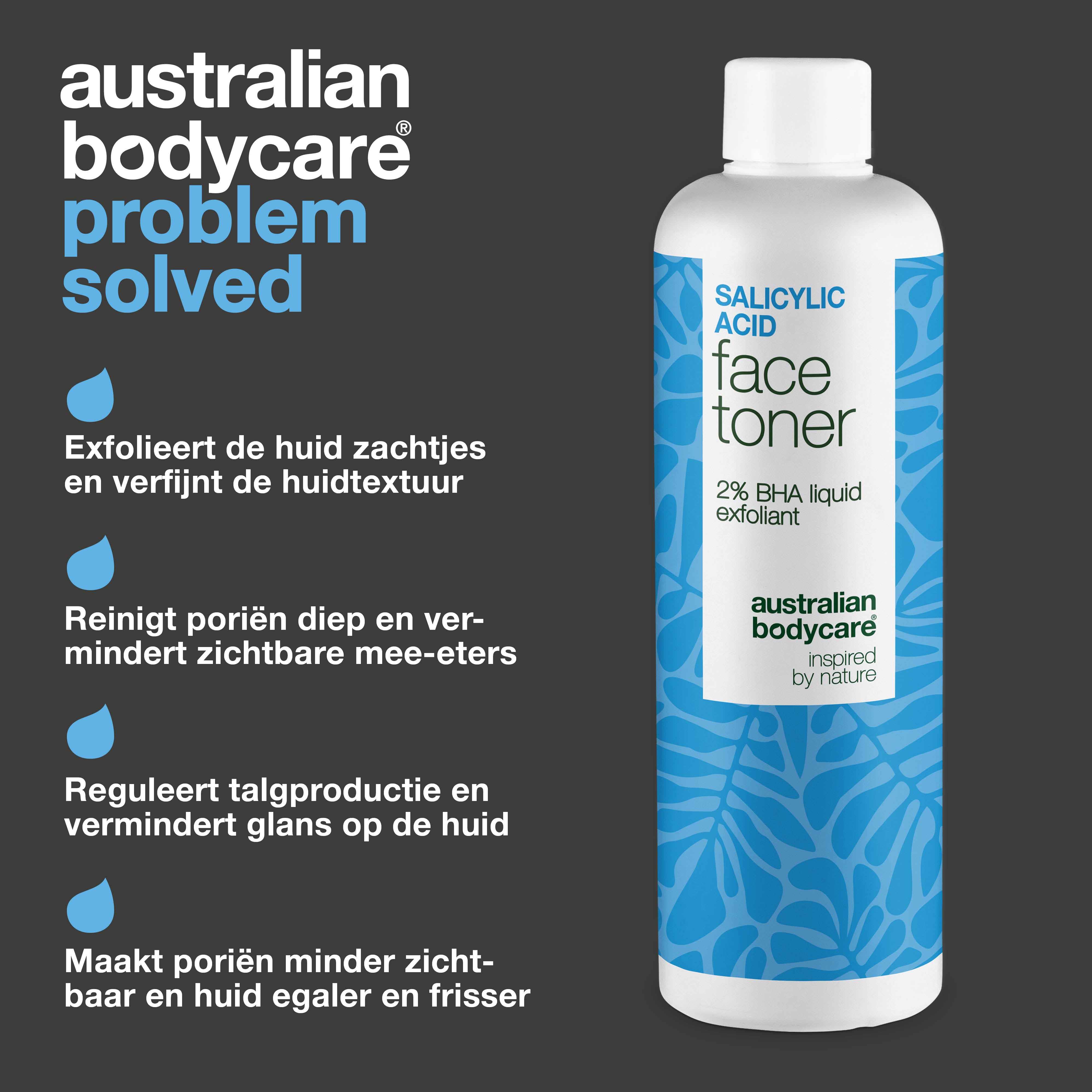 Salicylic Acid toner zuivert de huid, vermindert mee-eters en grove poriën. Perfect voor een onzuivere huid. Bevat Salicylic Acid van Australian Bodycare.