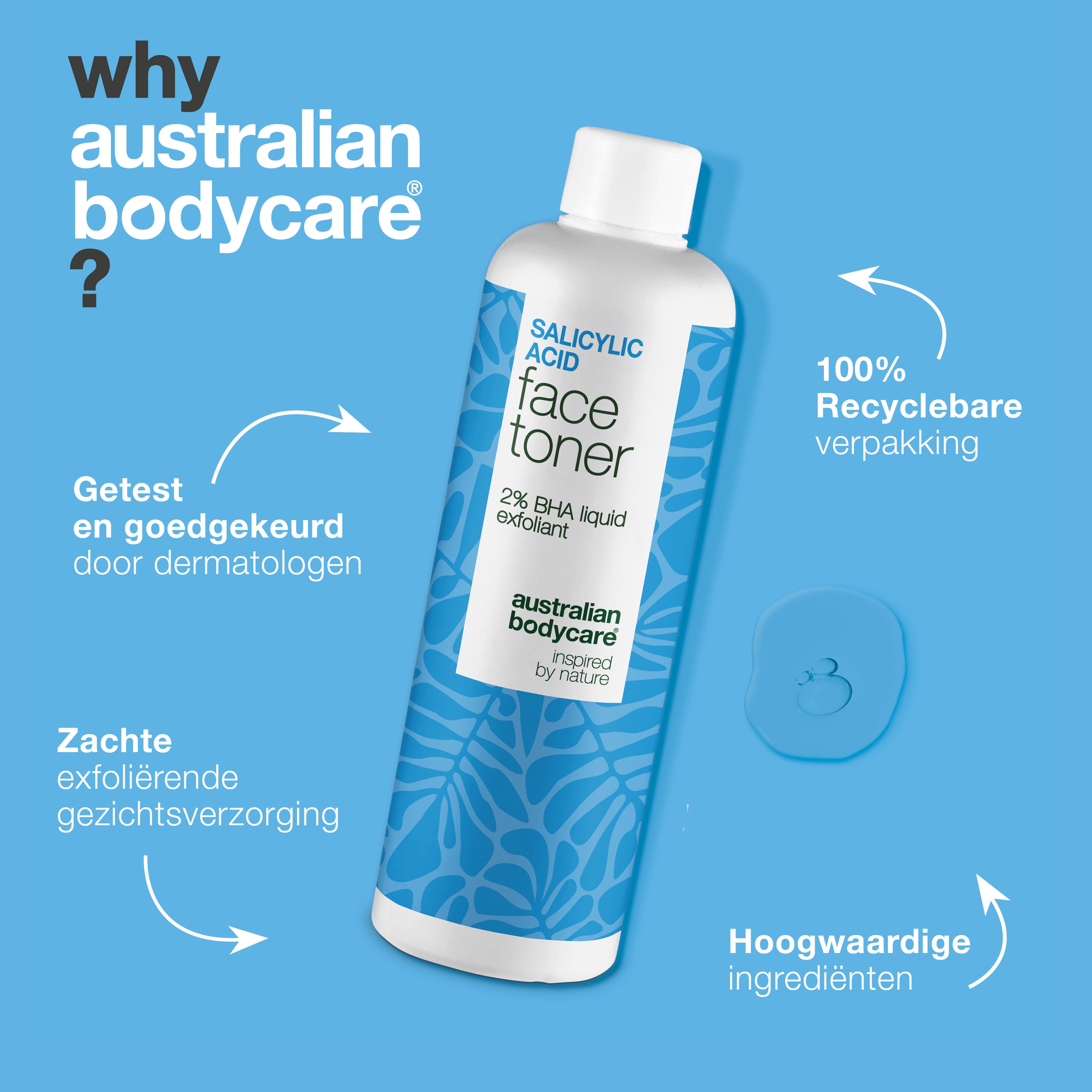Salicylic Acid toner zuivert de huid, vermindert mee-eters en grove poriën. Perfect voor een onzuivere huid. Bevat Salicylic Acid van Australian Bodycare.