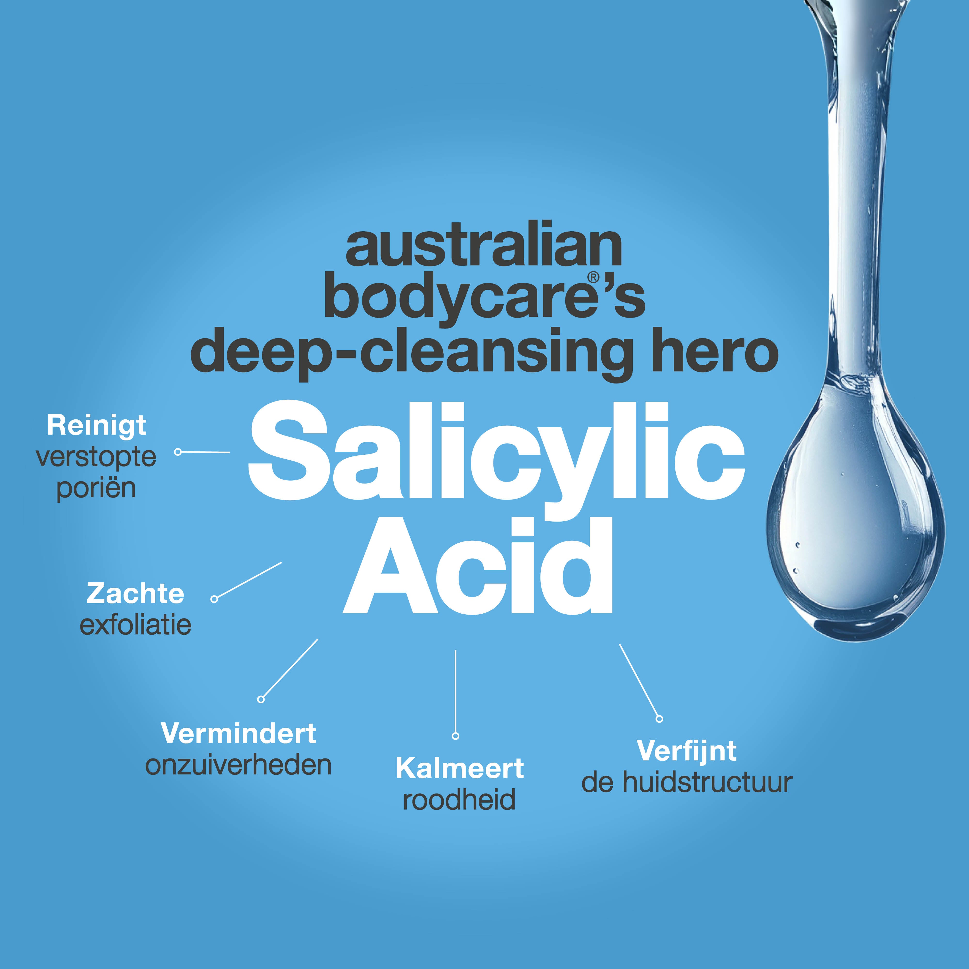 Salicylic Acid toner zuivert de huid, vermindert mee-eters en grove poriën. Perfect voor een onzuivere huid. Bevat Salicylic Acid van Australian Bodycare.
