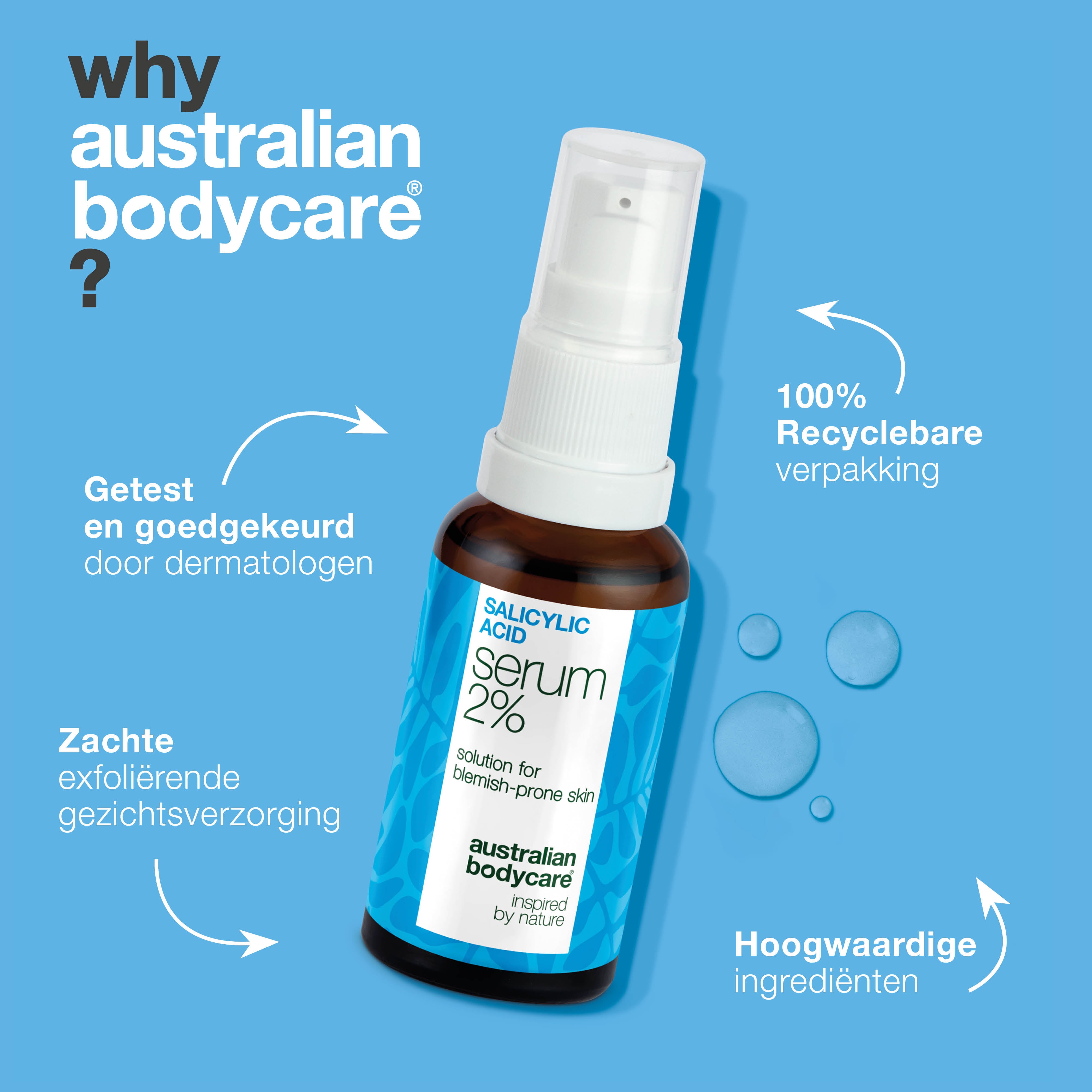 Salicylzuur 2% serum voor verstopte poriën, acnegevoelige huid en uitbraken. Bevat Zinc PCA, groene thee-extract, hyaluronzuur en glycerine.