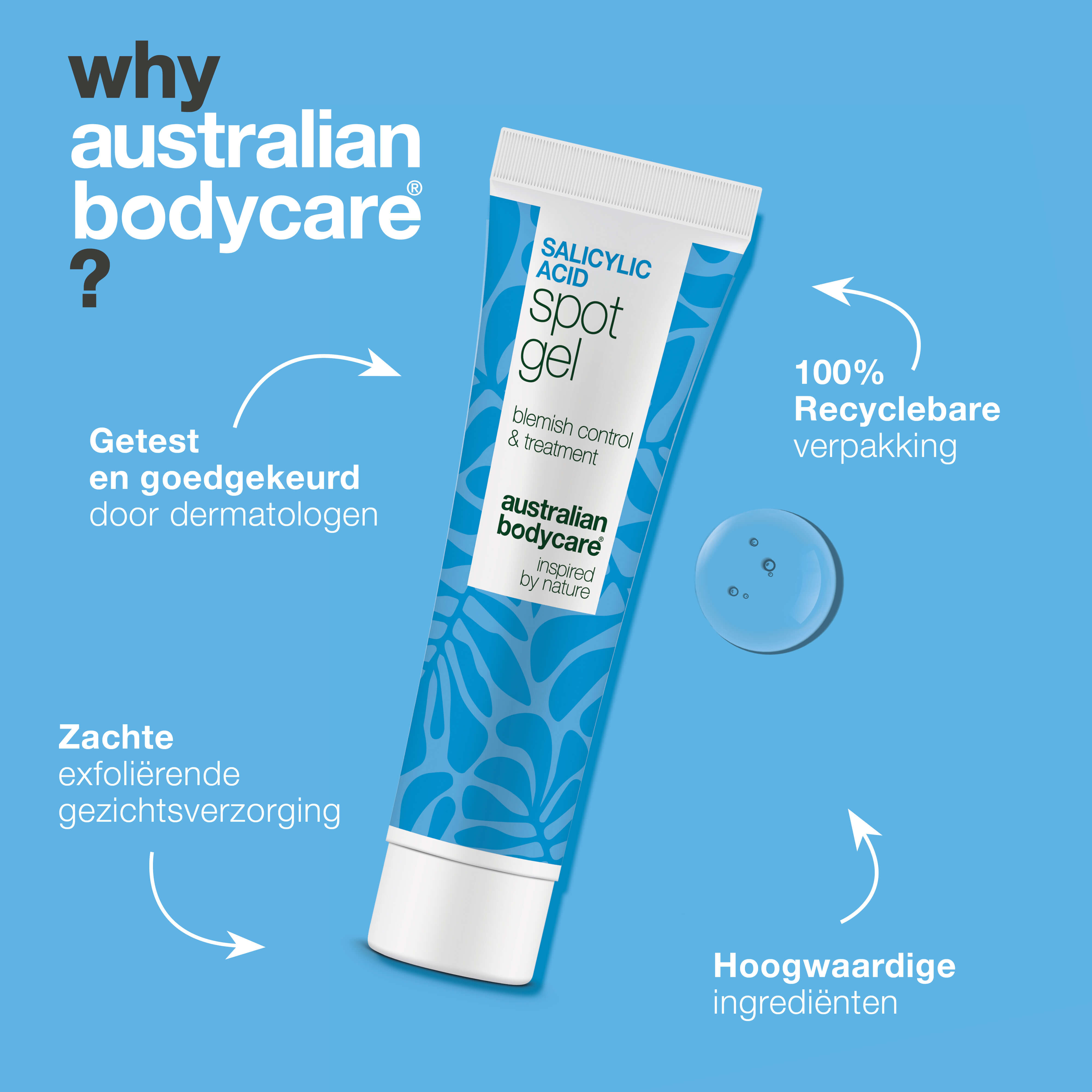 Salicylzuur Spot Gel tegen puistjes en verstopte poriën — Salicylzuur Spot Gel zuivert en balanceert de huid. Verwijdert overtollig talg en dode huidcellen met salicylzuur.