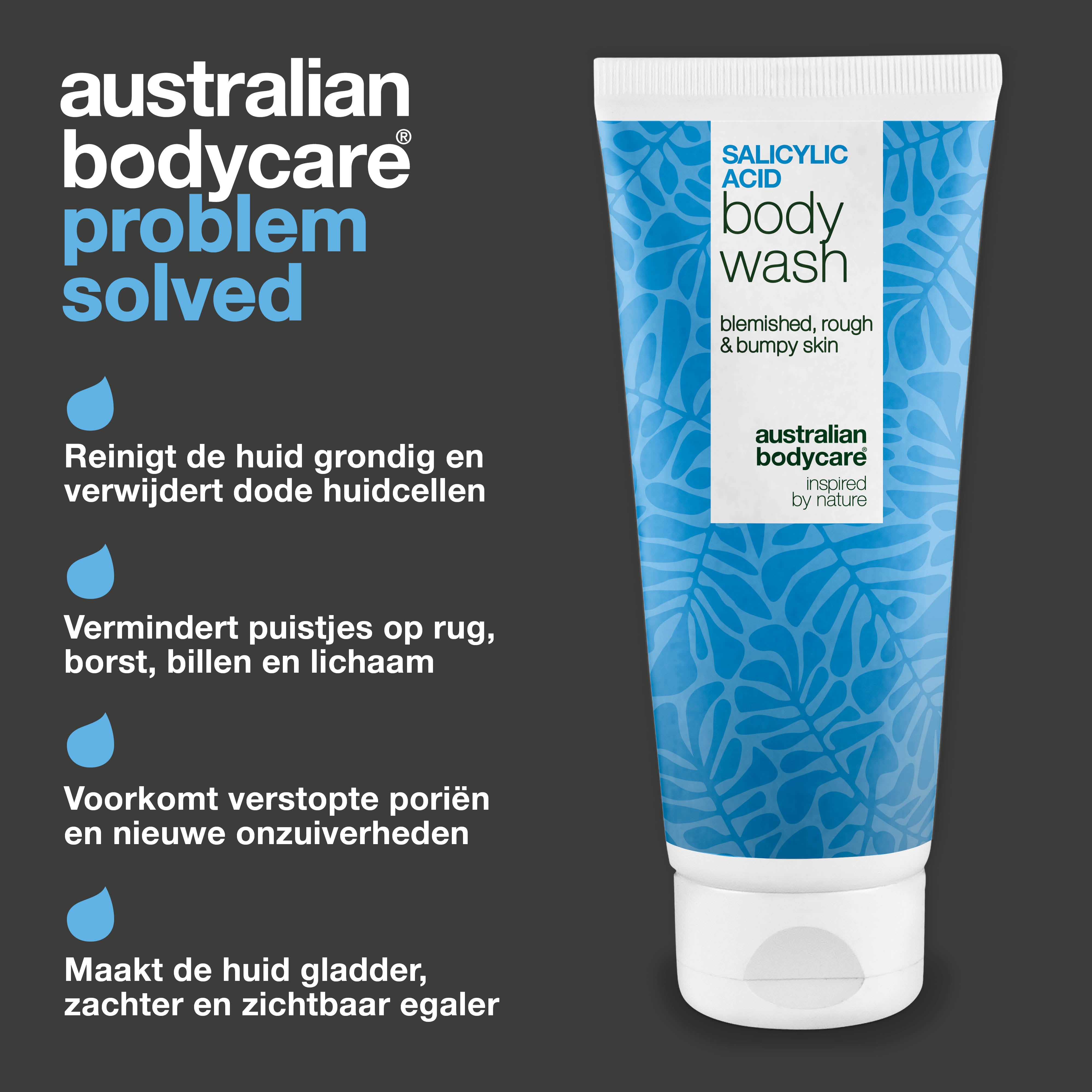 Salicylzuur Body Wash helpt bij een onzuivere huid op rug, billen en borst. Reinigt diep en bevat salicylzuur, niacinamide en zink PCA.
