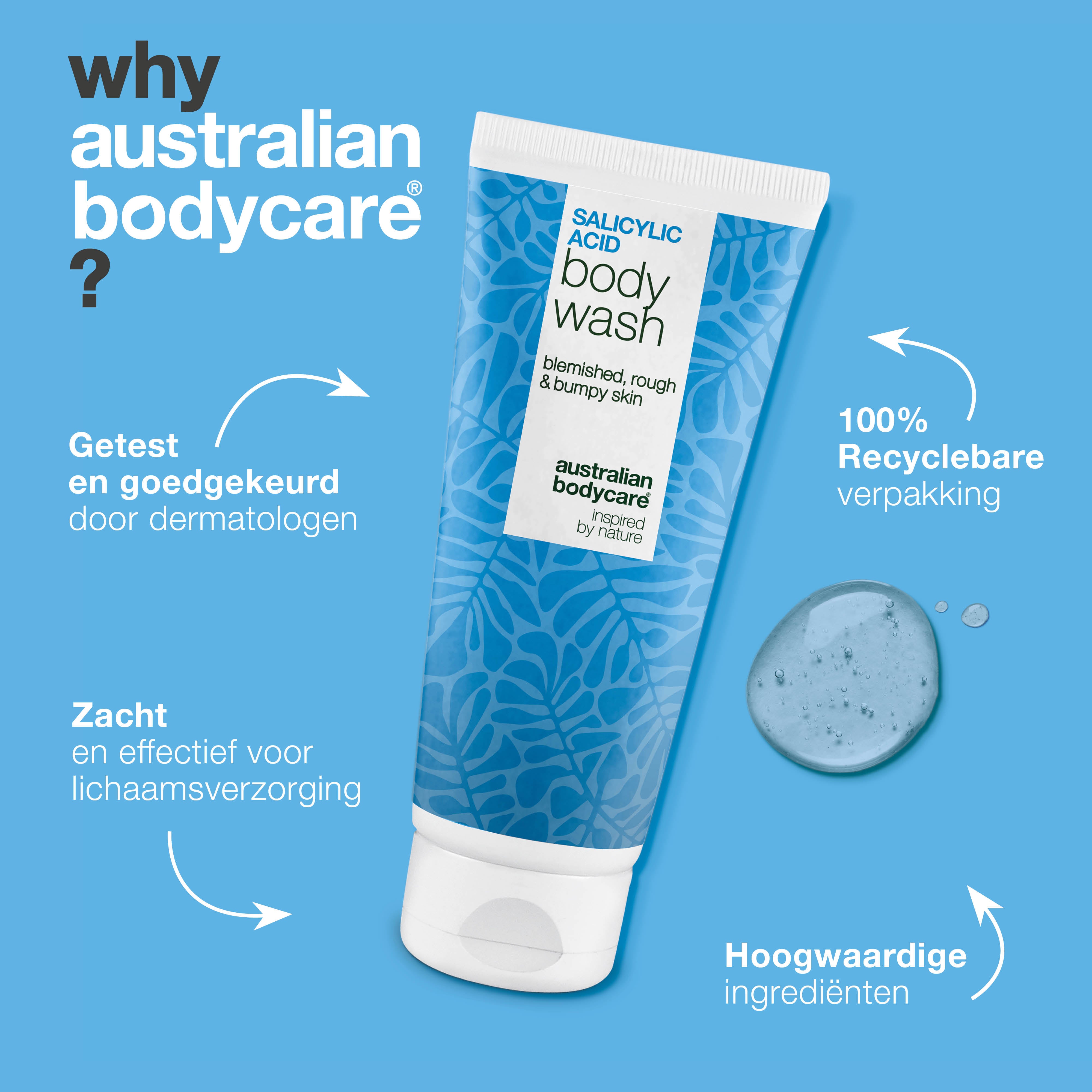Salicylzuur Body Wash helpt bij een onzuivere huid op rug, billen en borst. Reinigt diep en bevat salicylzuur, niacinamide en zink PCA.