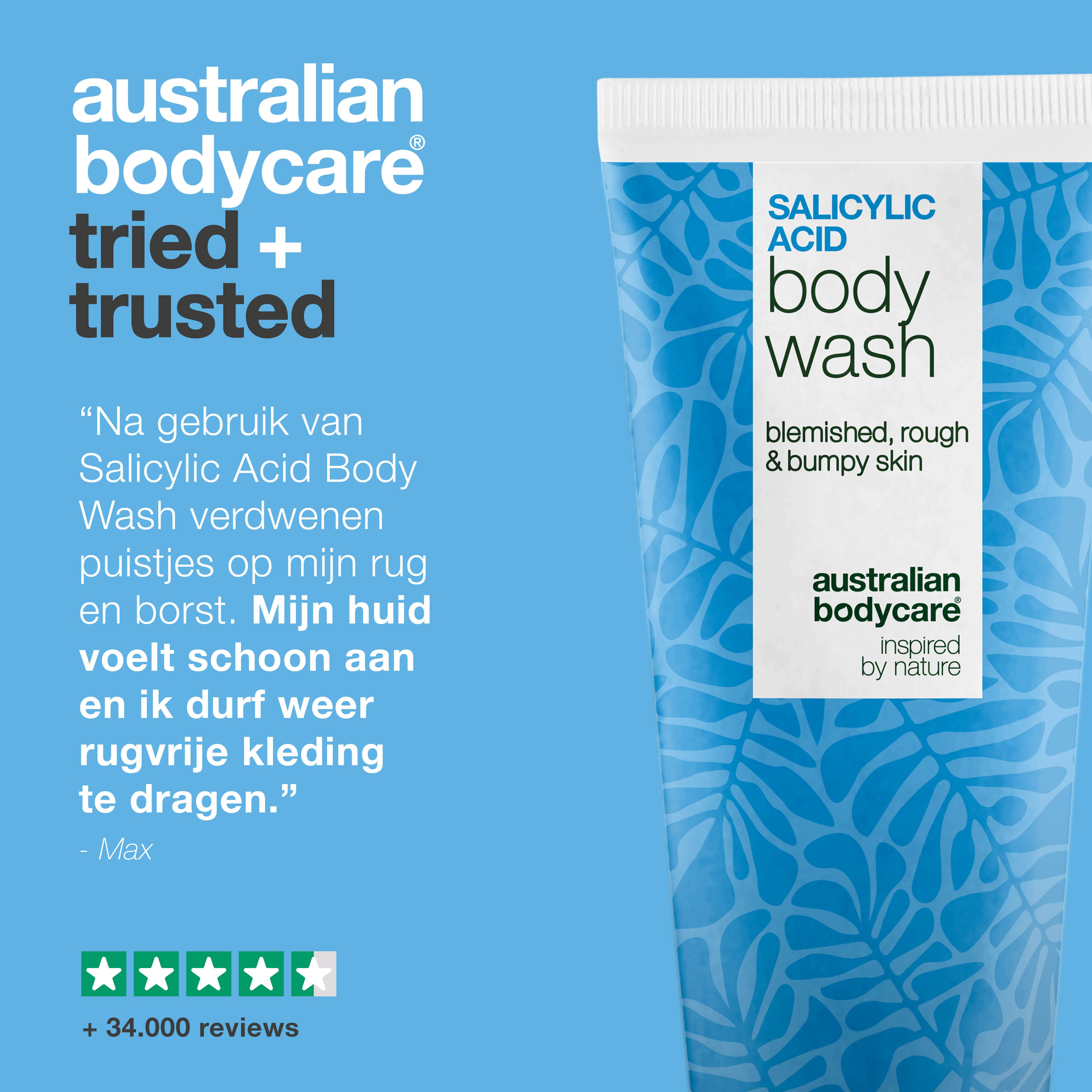 Salicylzuur Body Wash helpt bij een onzuivere huid op rug, billen en borst. Reinigt diep en bevat salicylzuur, niacinamide en zink PCA.