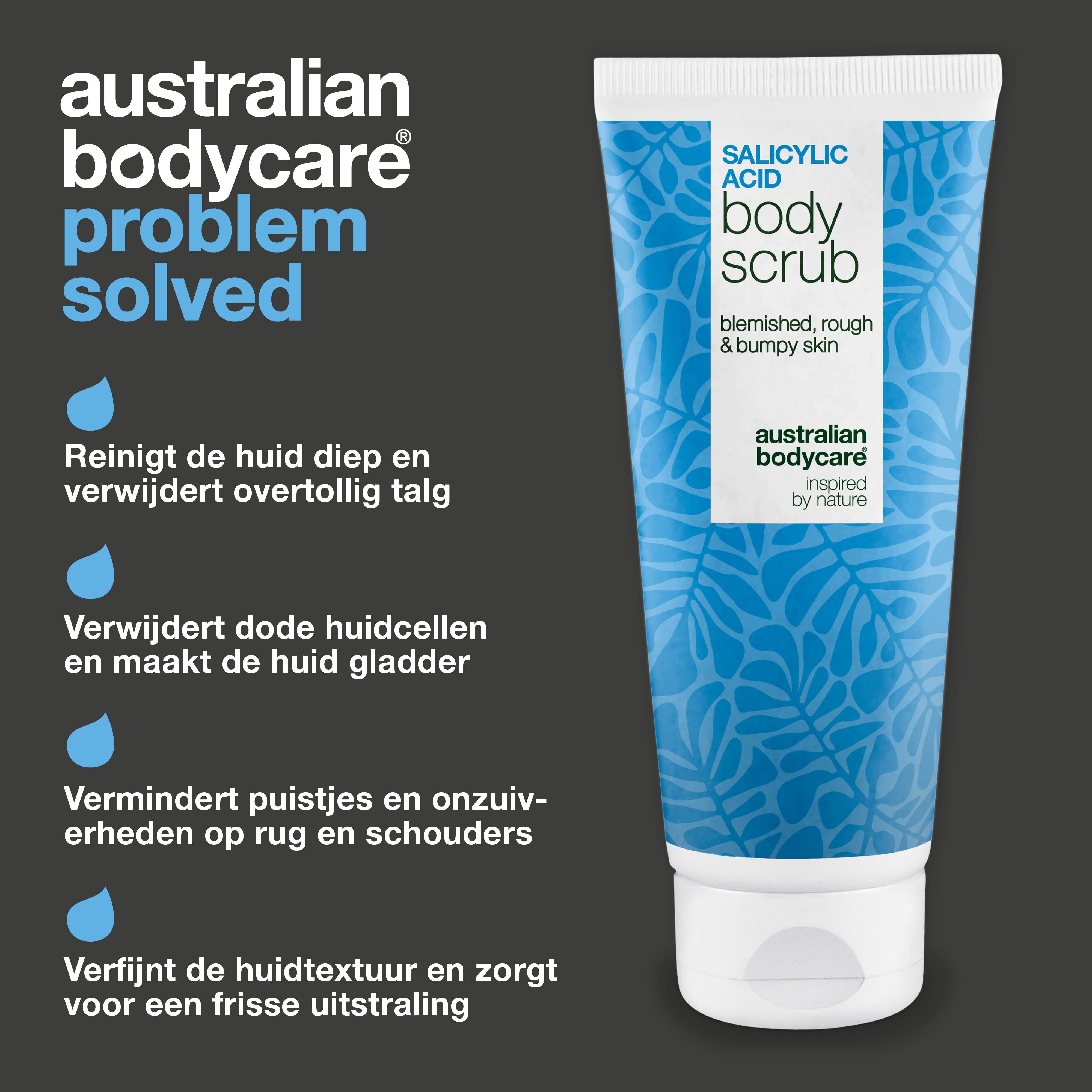 Body Scrub met salicylzuur voor een zuivere en gladdere huid — Body Scrub met salicylzuur verwijdert puistjes en onzuiverheden. Bevat salicylzuur, glycolzuur, abrikozenpitpoeder en allantoïne.