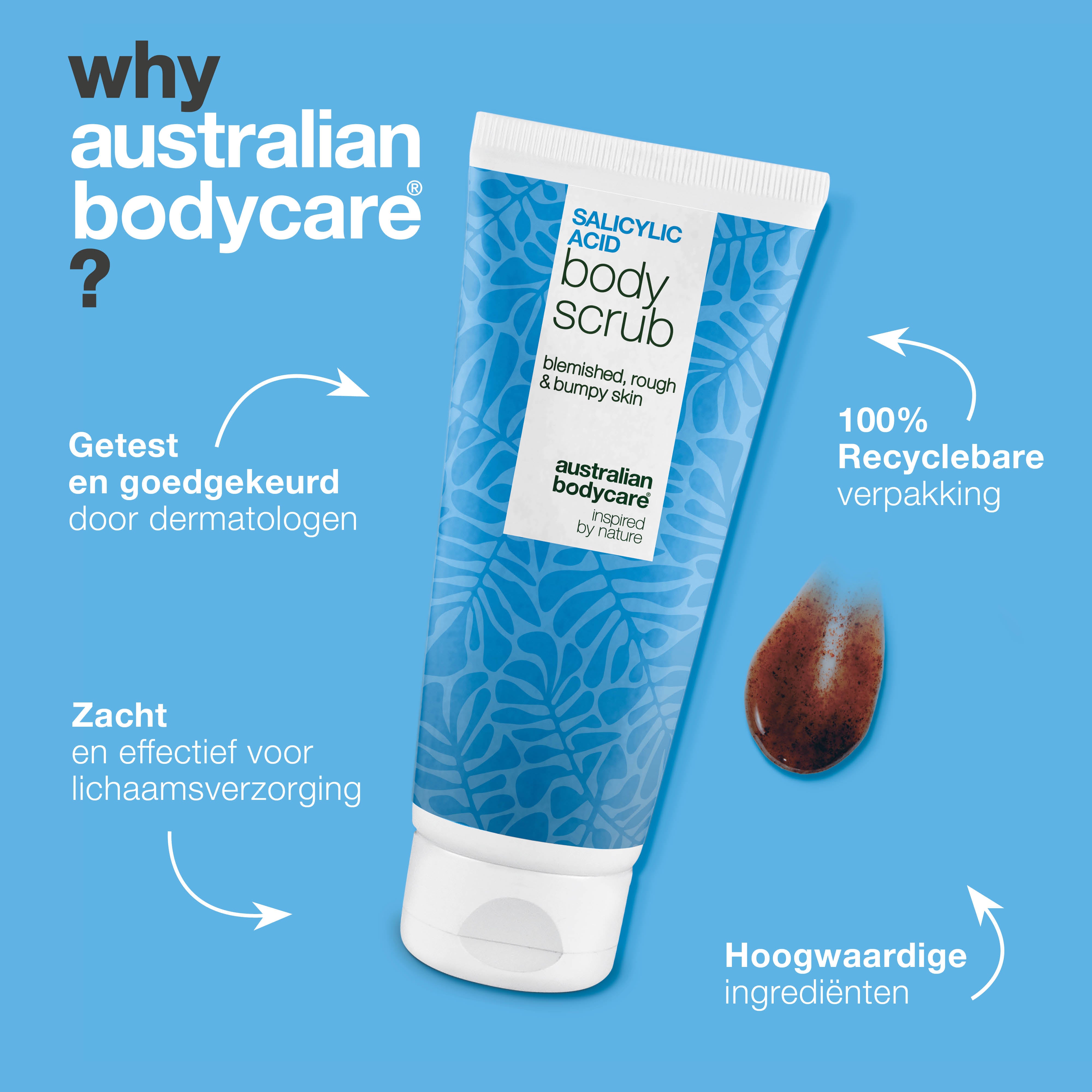 Body Scrub met salicylzuur voor een zuivere en gladdere huid — Body Scrub met salicylzuur verwijdert puistjes en onzuiverheden. Bevat salicylzuur, glycolzuur, abrikozenpitpoeder en allantoïne.