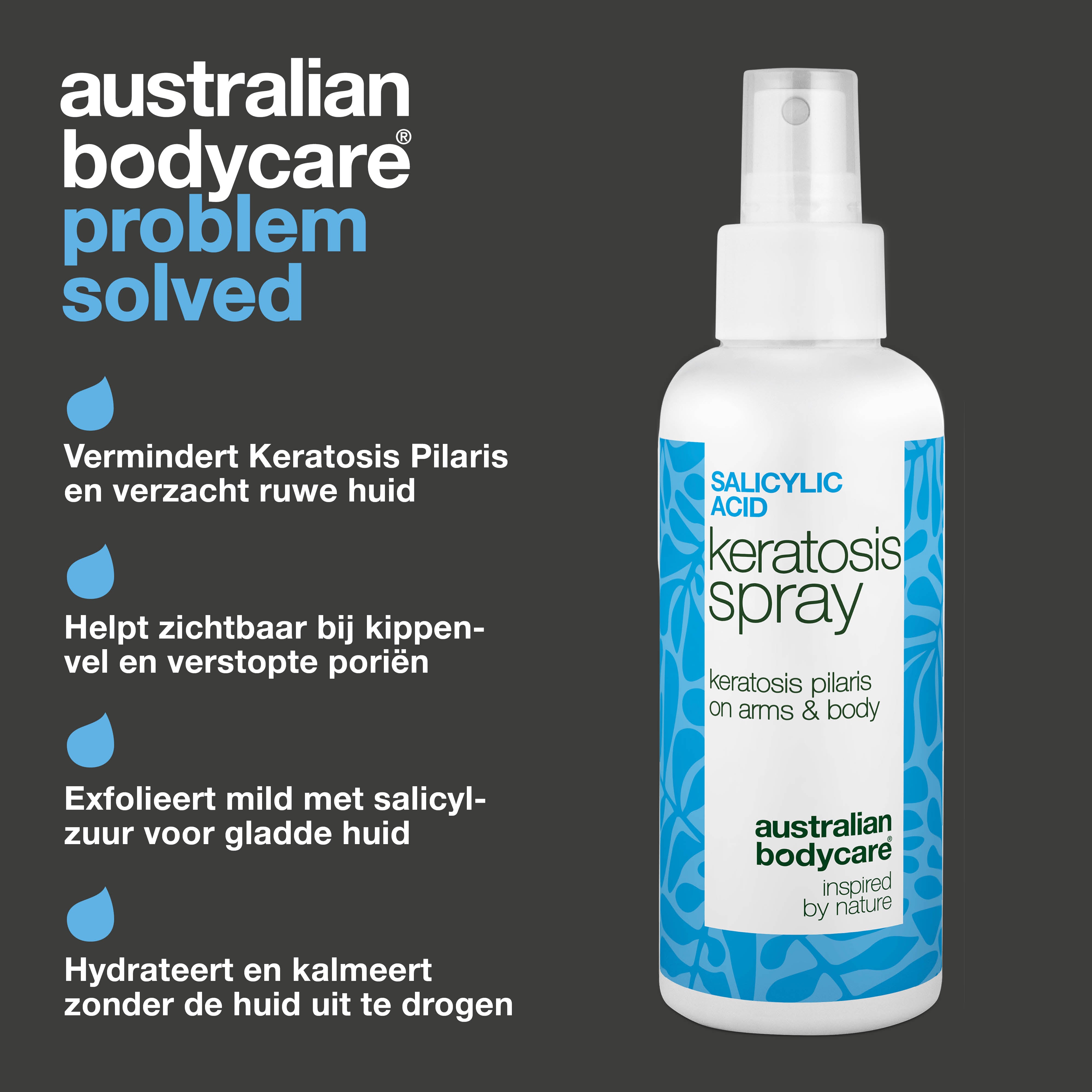 Keratosis pilaris spray tegen ruwe huid en bultjes — Keratosis pilaris spray vermindert ruwe bultjes en maakt de huid glad. Bevat salicylzuur voor diepe exfoliatie.
