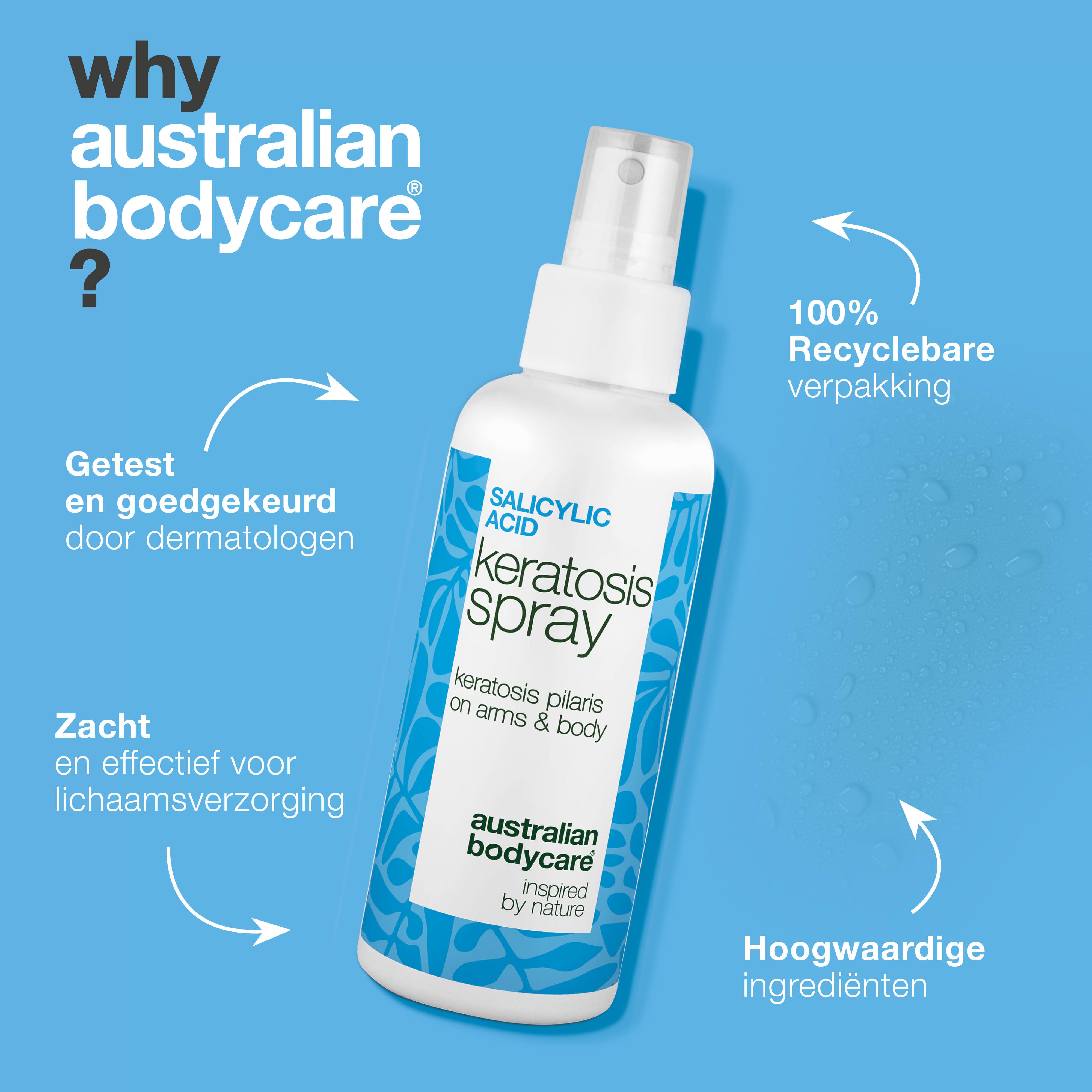 Keratosis pilaris spray tegen ruwe huid en bultjes — Keratosis pilaris spray vermindert ruwe bultjes en maakt de huid glad. Bevat salicylzuur voor diepe exfoliatie.