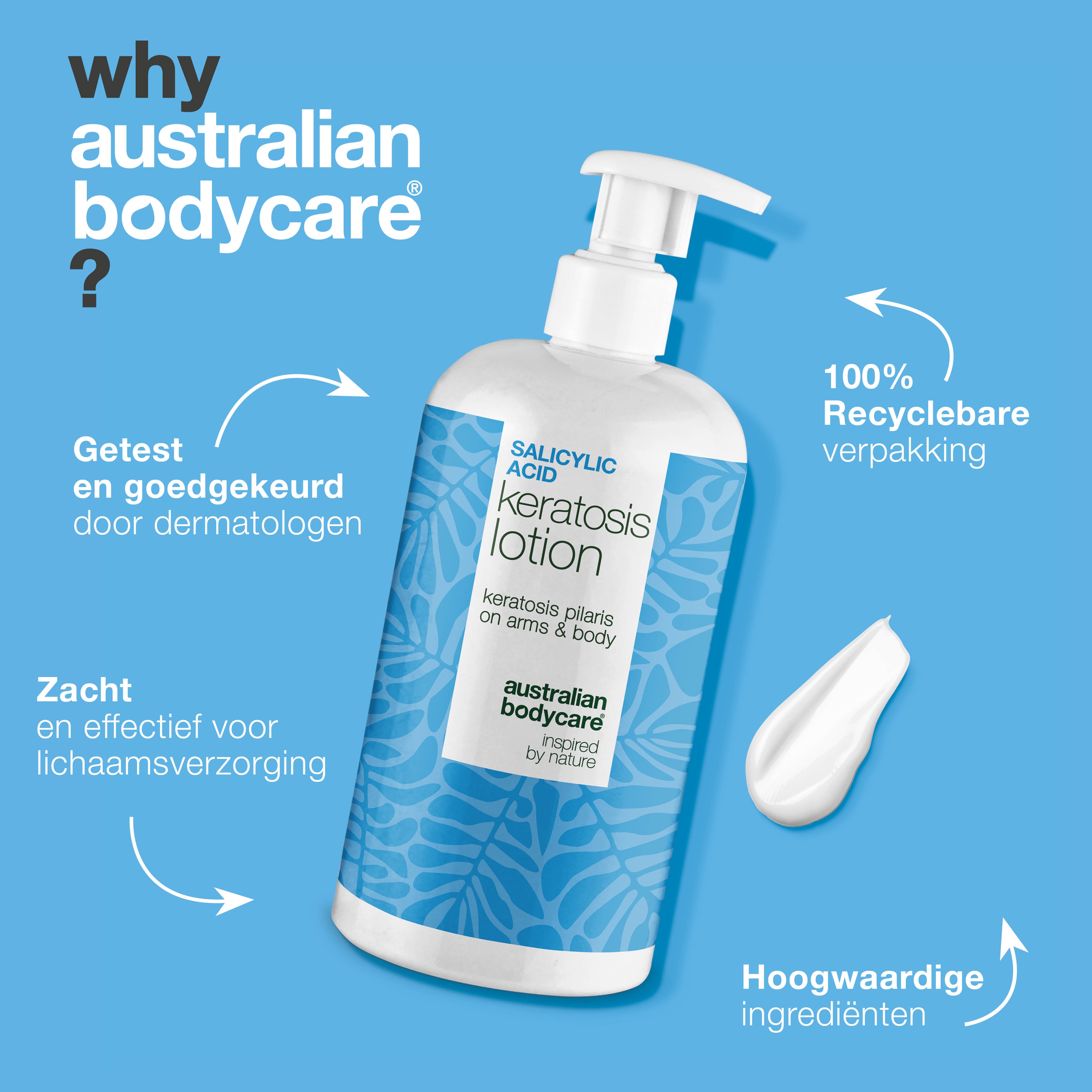 Body lotion bij keratosis pilaris en ruwe, bobbelige huid — Body lotion voor keratosis pilaris en droge huid. Verzacht met salicylzuur, niacinamide en zink.
